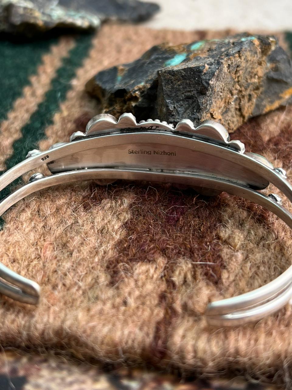 Handmade Sterling Silver Dahlia Rose with Emerald Valley Turquoise Cuff Bracelet "Signed Nizhoni"