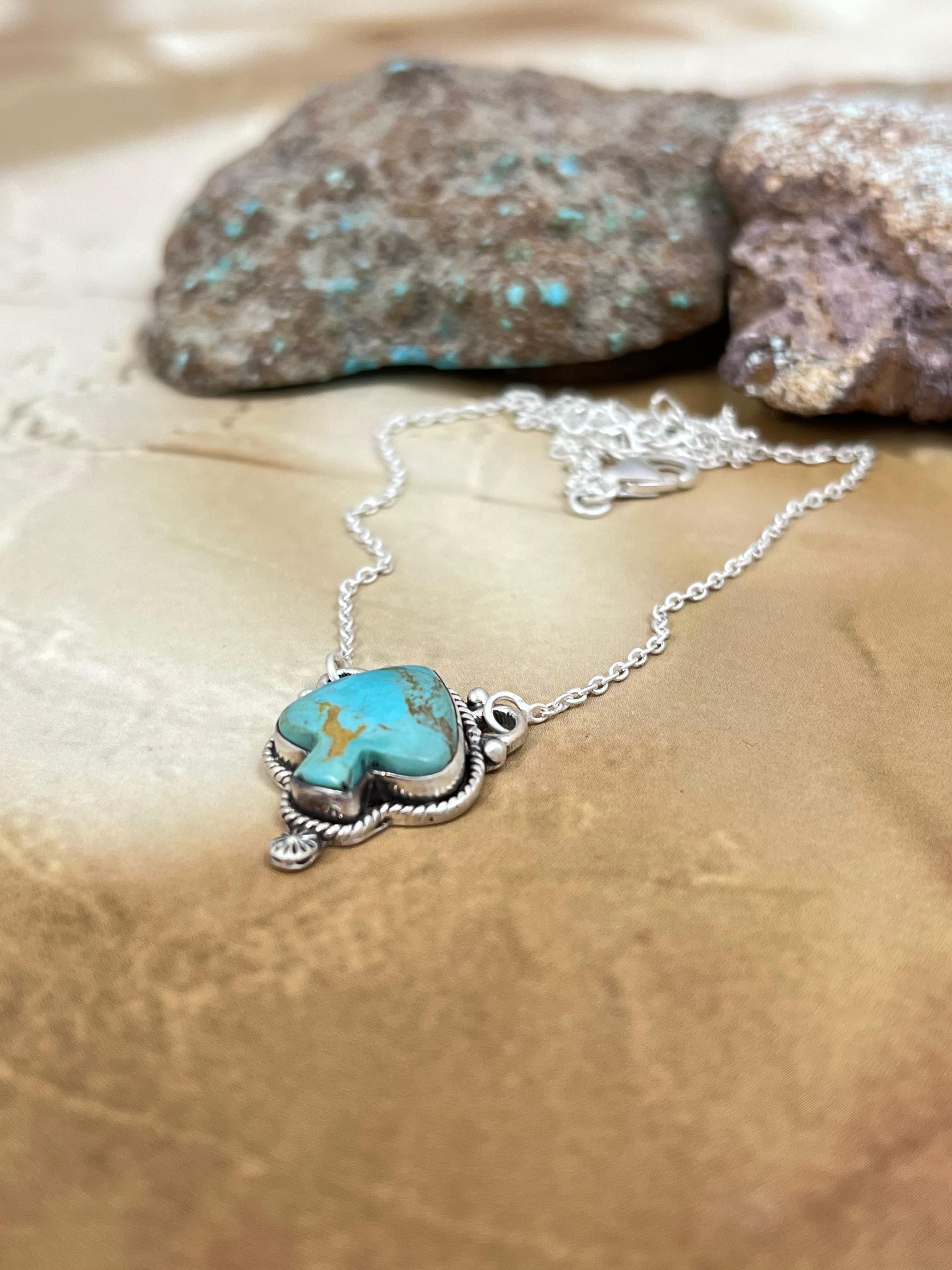 Handmade Sterling Silver Kingman Turquoise Spade Necklace with Signed Nizhoni