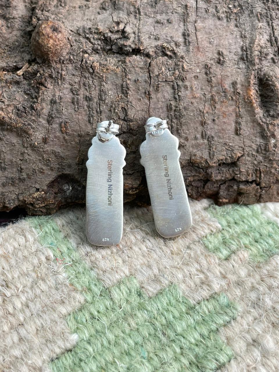 Handmade Sterling Silver Arizona Blue Turquoise with Hot Pink Post Studs Earrings "Signed Nizhoni"