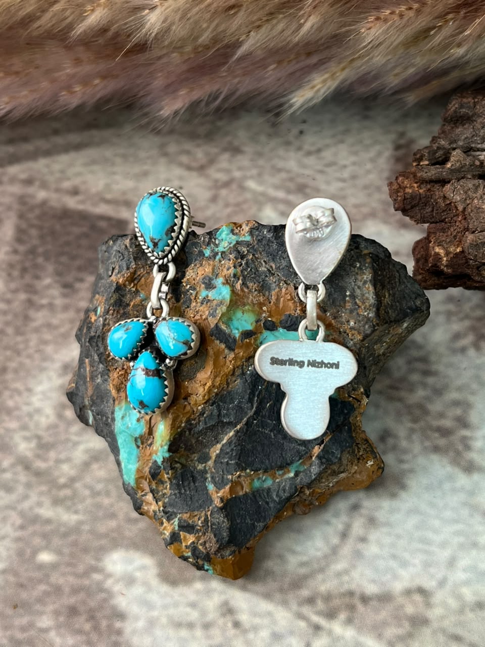 Handmade Sterling Silver Egyptian Turquoise Post Dangle Earrings Signed Nizhoni