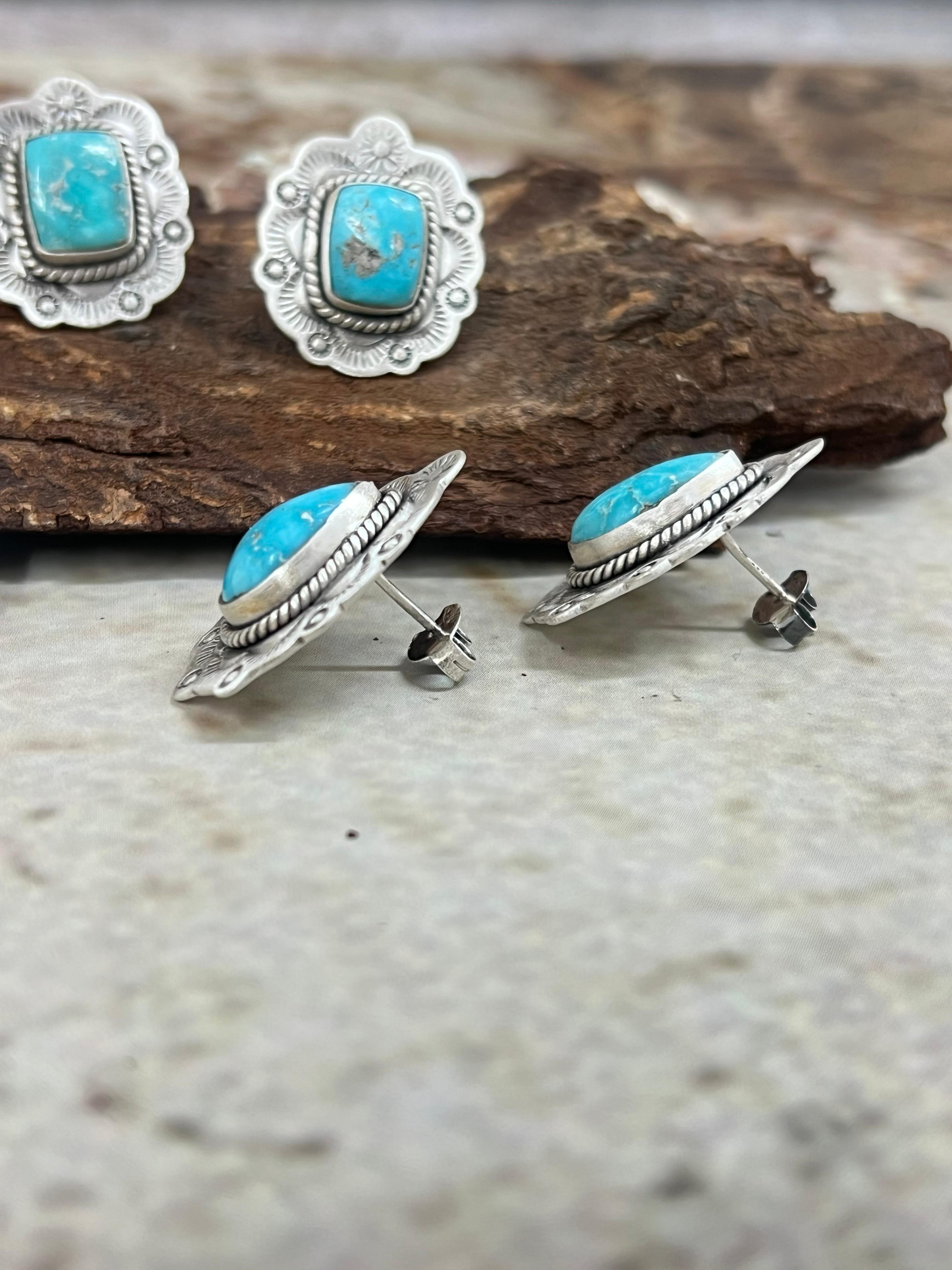 Handmade Sterling Silver White Water Turquoise Post Studs with Signed Nizhoni