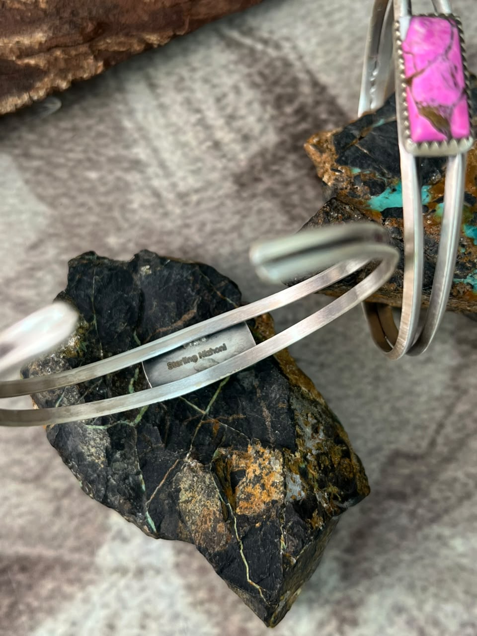 Handmade Sterling Silver Cotton Candy and White Buffalo Cuff Bracelet Signed Nizhoni