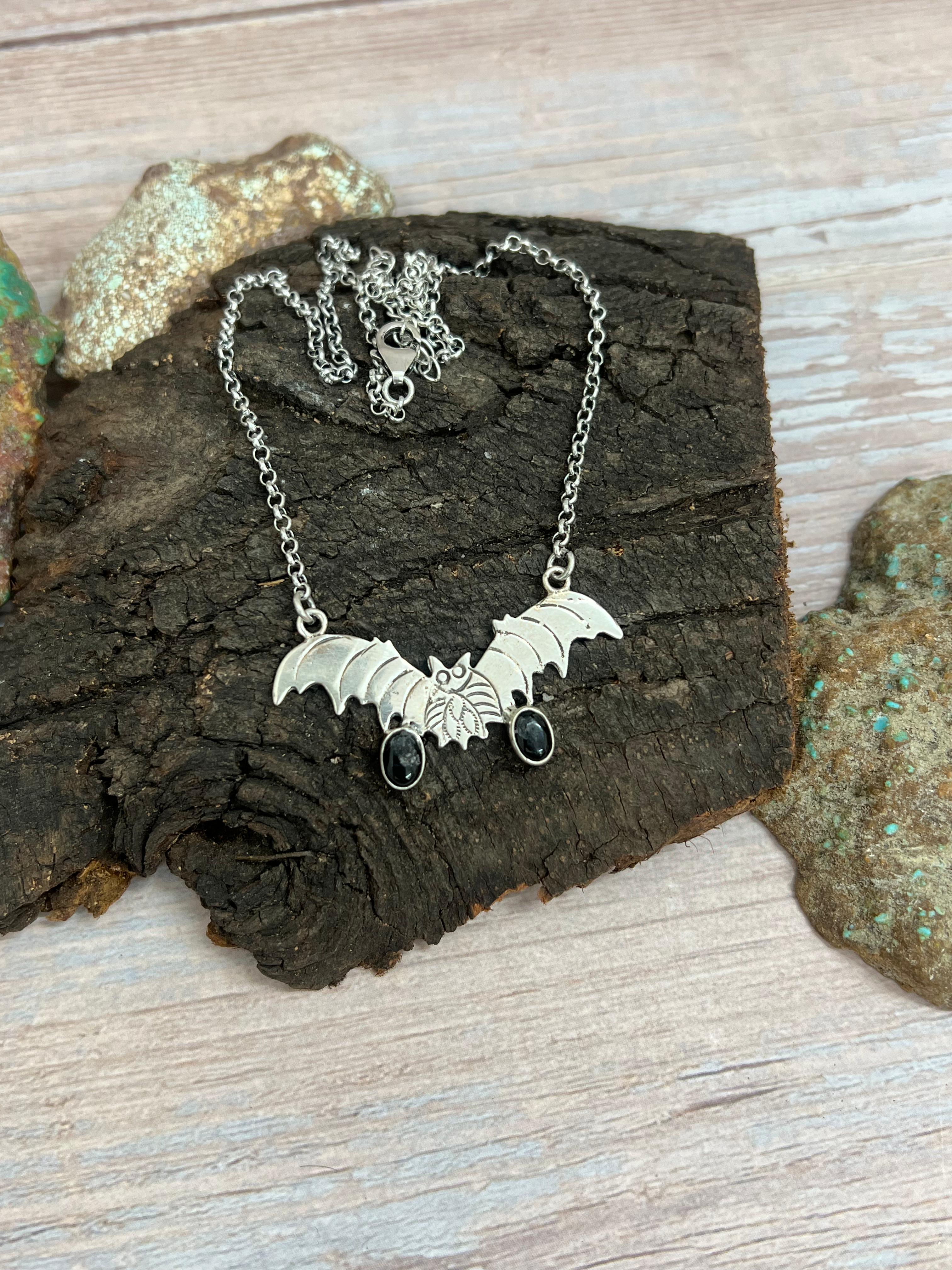 "Halloween Collection" Handmade Sterling Silver Black Onyx Bat Necklace with Signed Nizhoni