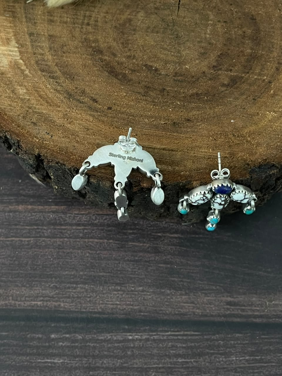 Handmade Sterling Silver Lapis with Wildhorse Magnesite and Kingman Turquoise Post Dangle Earrings Signed Nizhoni