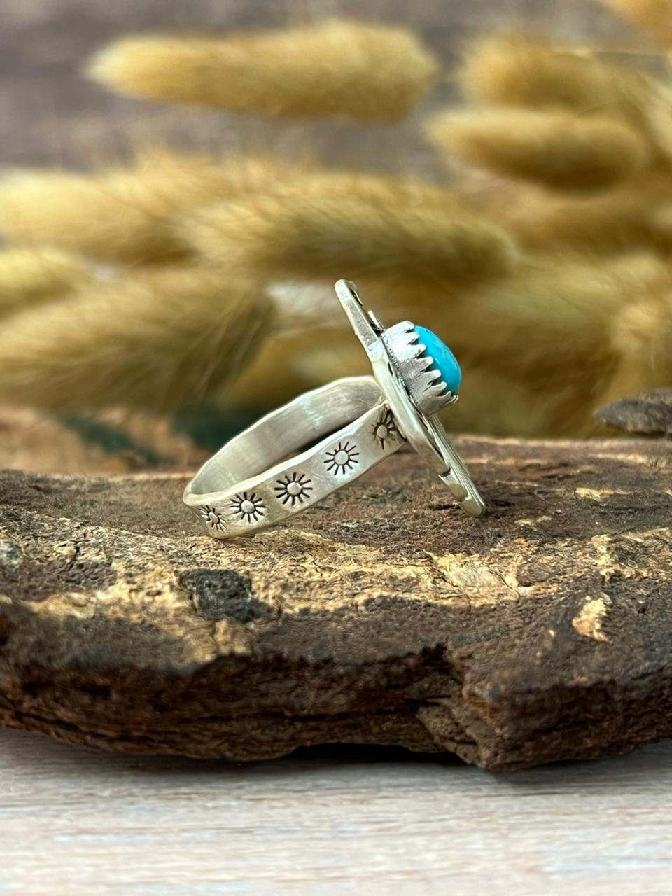 Handmade Sterling Silver Kingman Turquoise Thunder Bird Adjustable Ring "Signed Nizhoni"