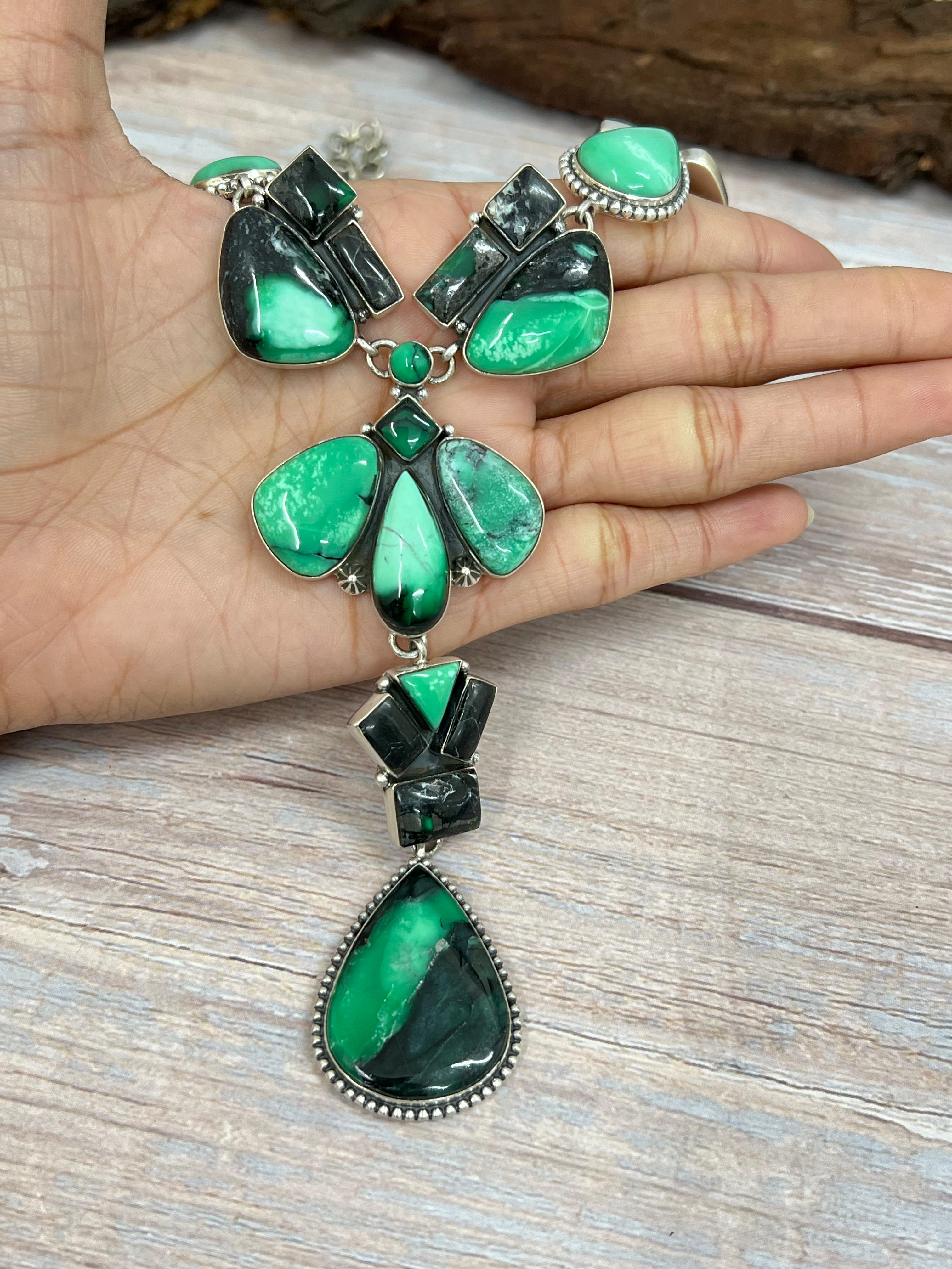 Handmade Sterling Silver Emerald Rose Necklace with Signed Nizhoni