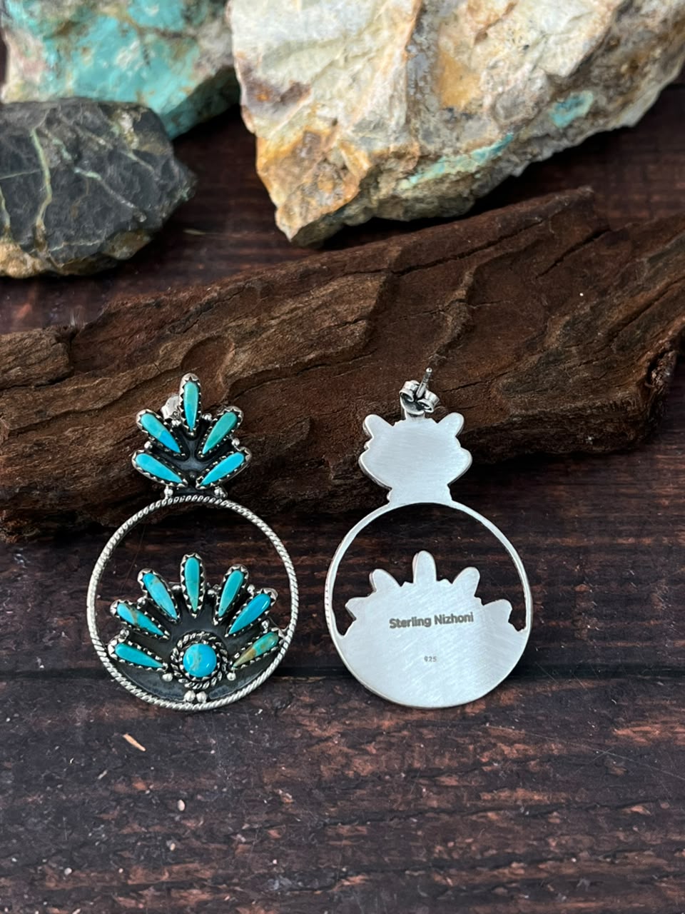 Handmade Sterling Silver Kingman Turquoise Post Earrings Signed Nizhoni