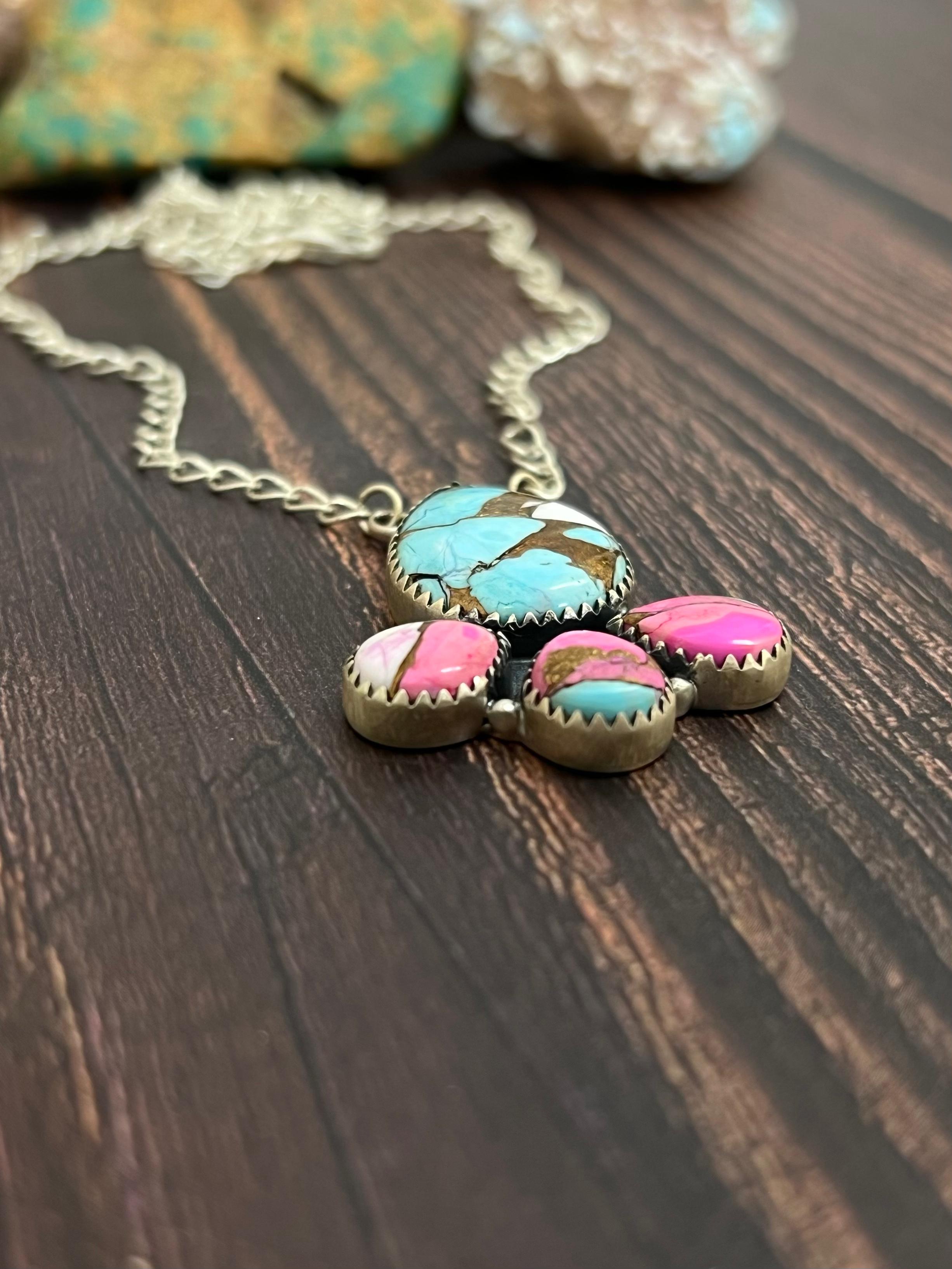 Handmade Sterling Silver Cotton Candy Turquoise Necklace with Signed Nizhoni