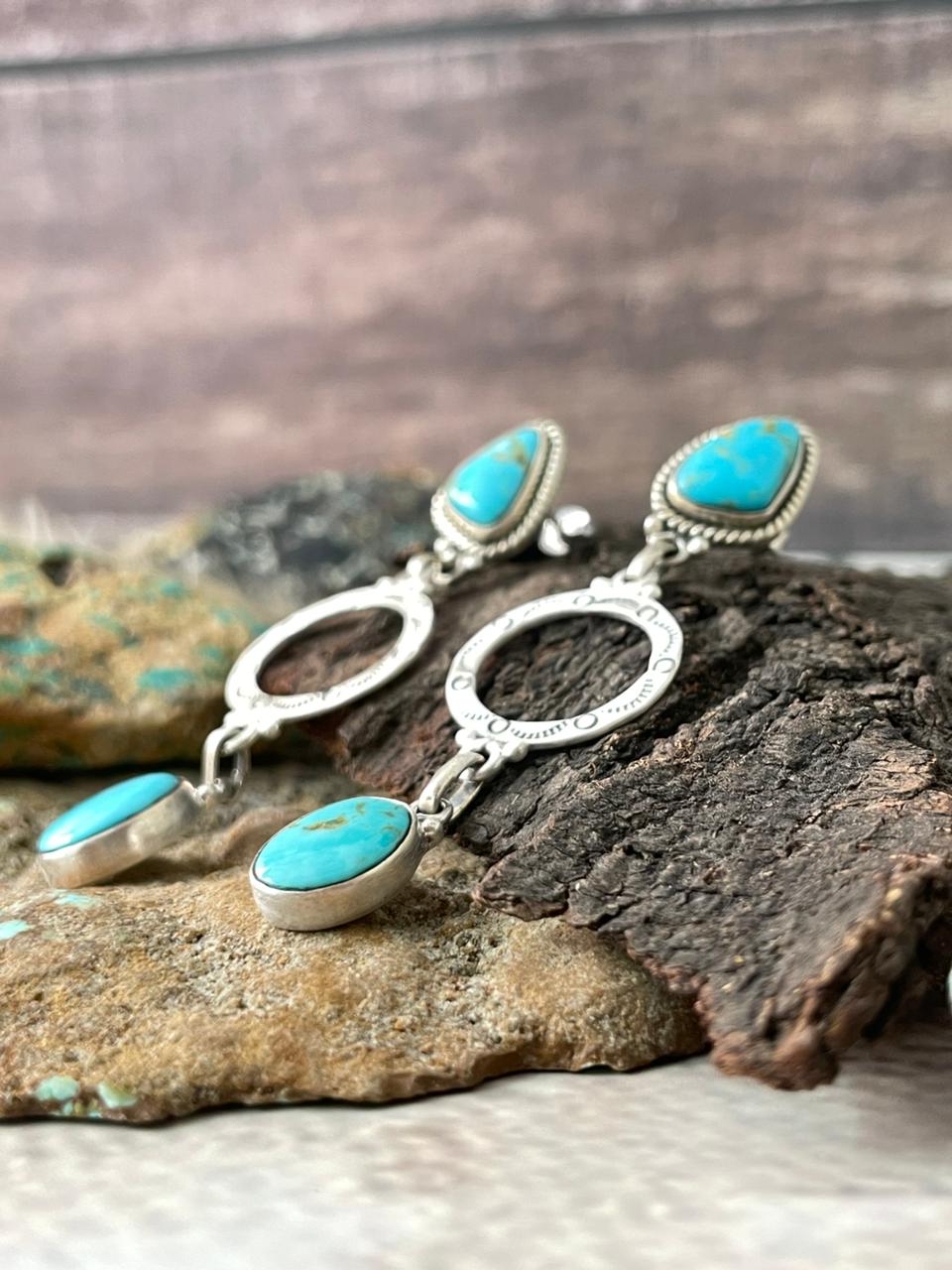 Handmade Sterling Silver Santa Maria Turquoise Post Dangle Earrings "Signed Nizhoni"