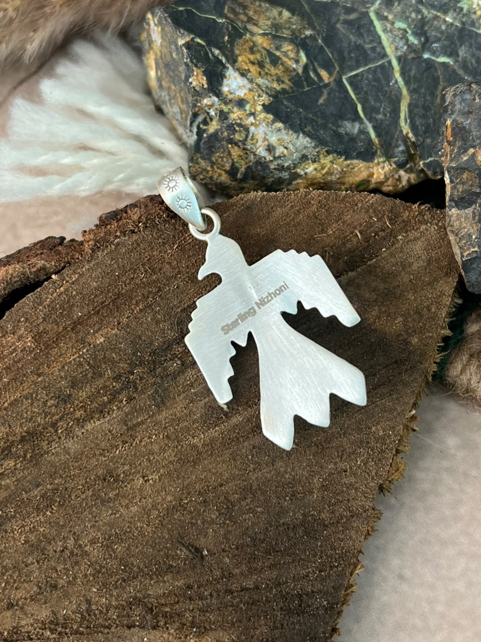 Handmade Sterling Silver Kingman Turquoise Thunderbird Pendant Signed Nizhoni