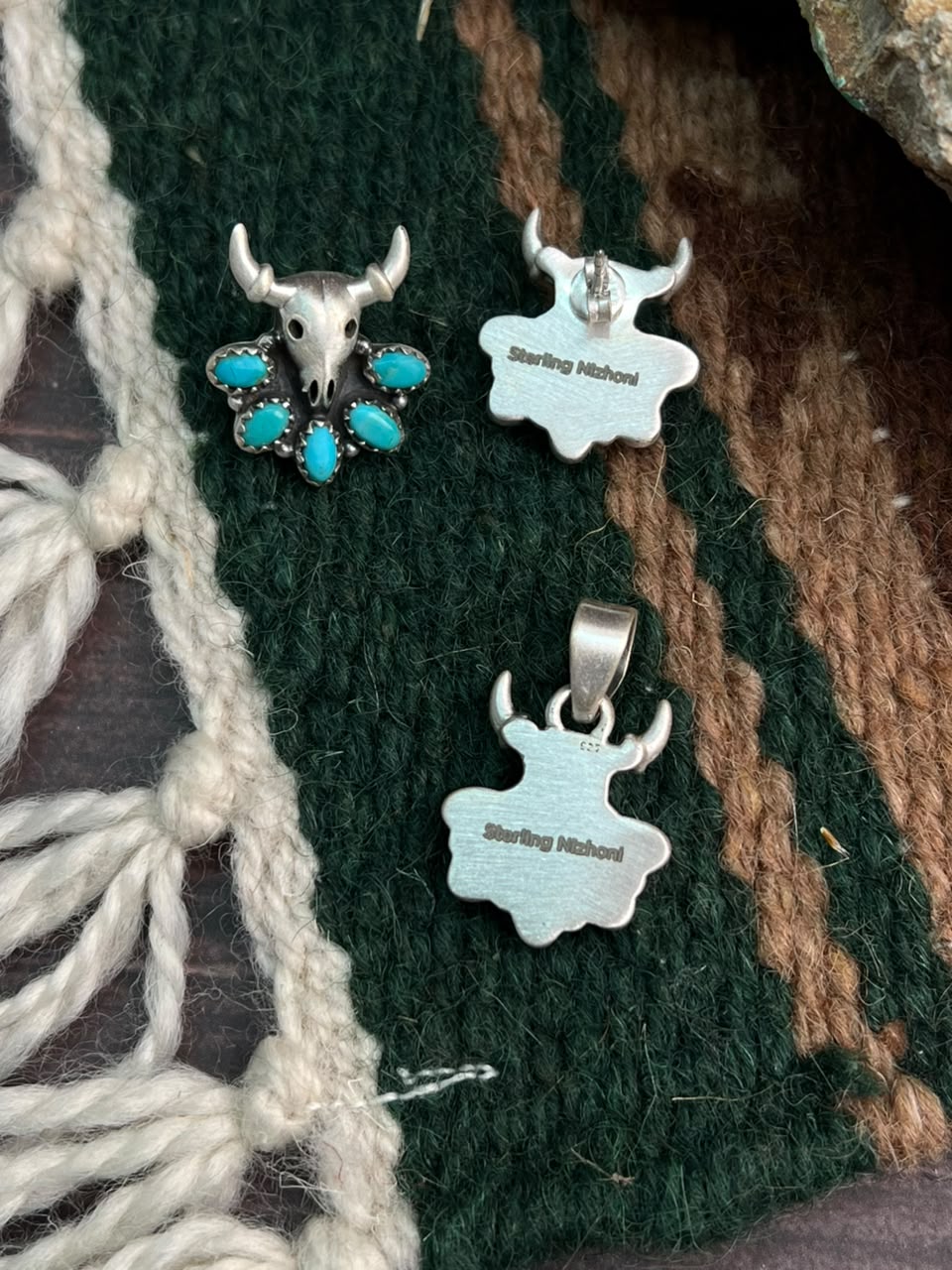 Handmade Sterling Silver Kingman Turquoise Pendant and Earrings Set Bull Head Signed Nizhoni