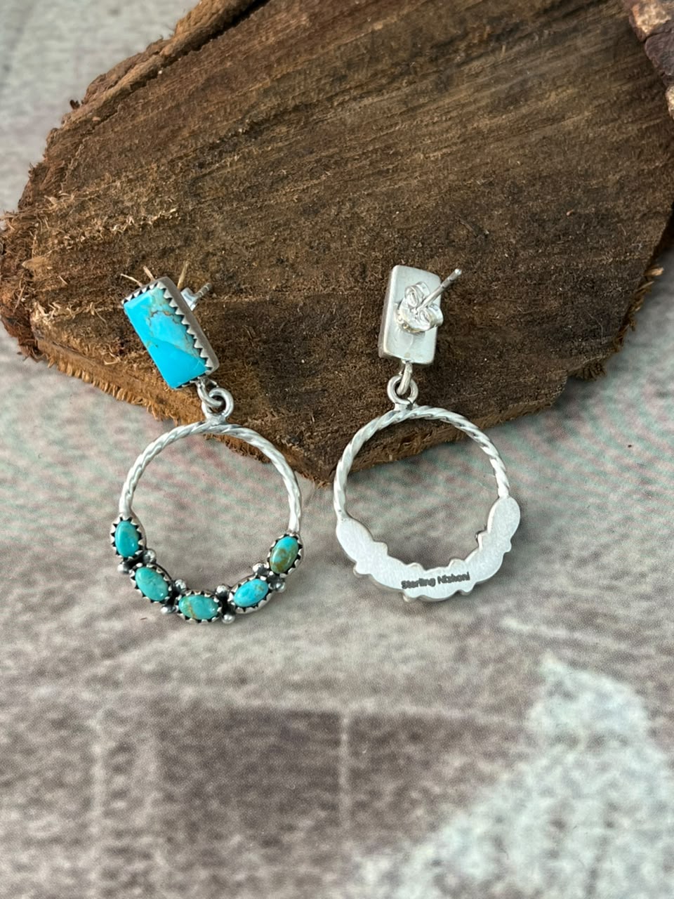 Handmade Sterling Silver Kingman Turquoise Post Dangle Earrings Signed Nizhoni