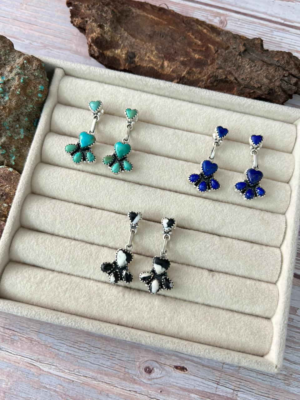 Handmade Sterling Silver Multi Stone Post Dangle Earrings with Signed Nizhoni