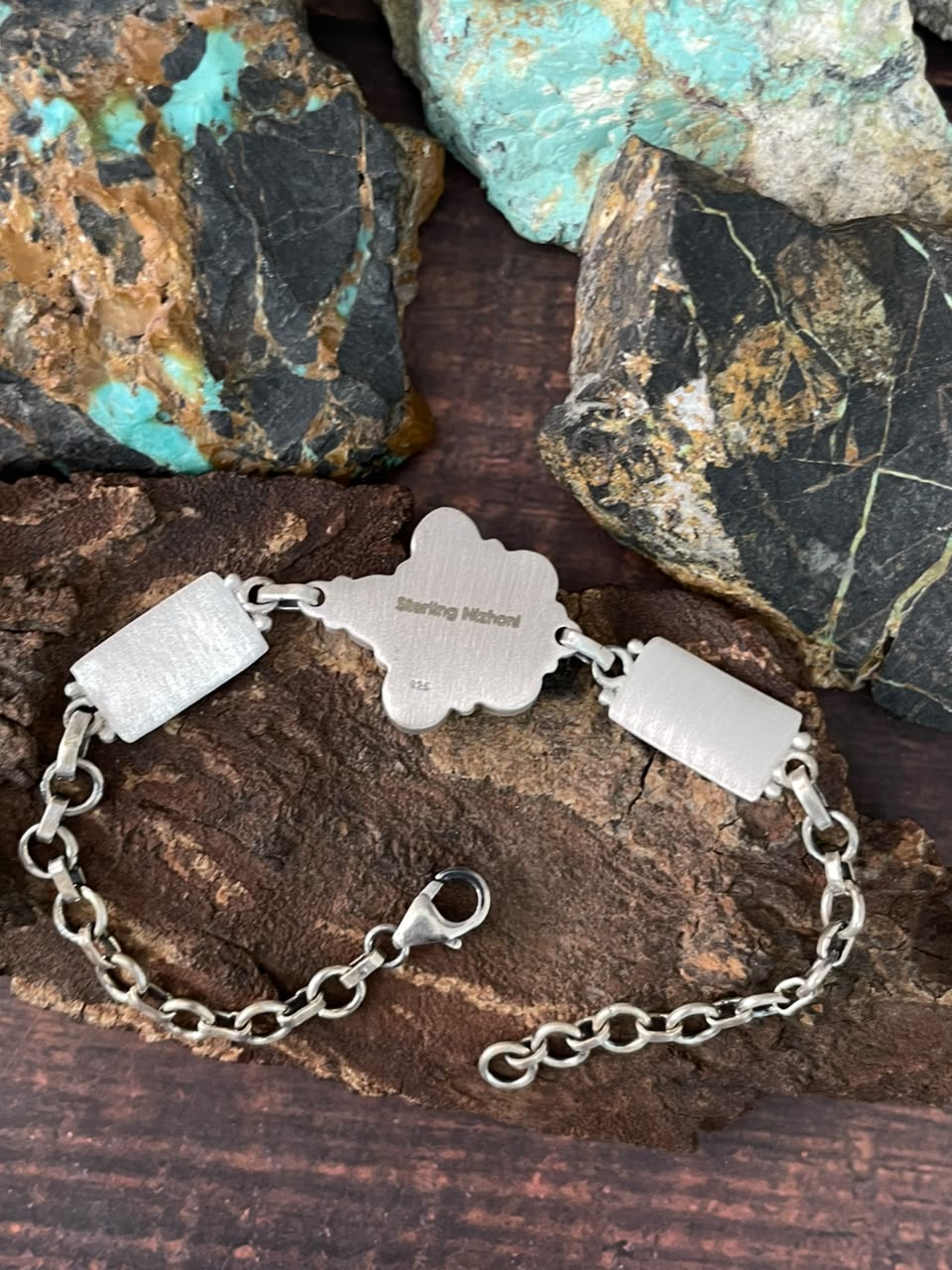 Handmade Sterling Silver Kingman Turquoise NFR Collection: Chain Bracelet Signed Nizhoni