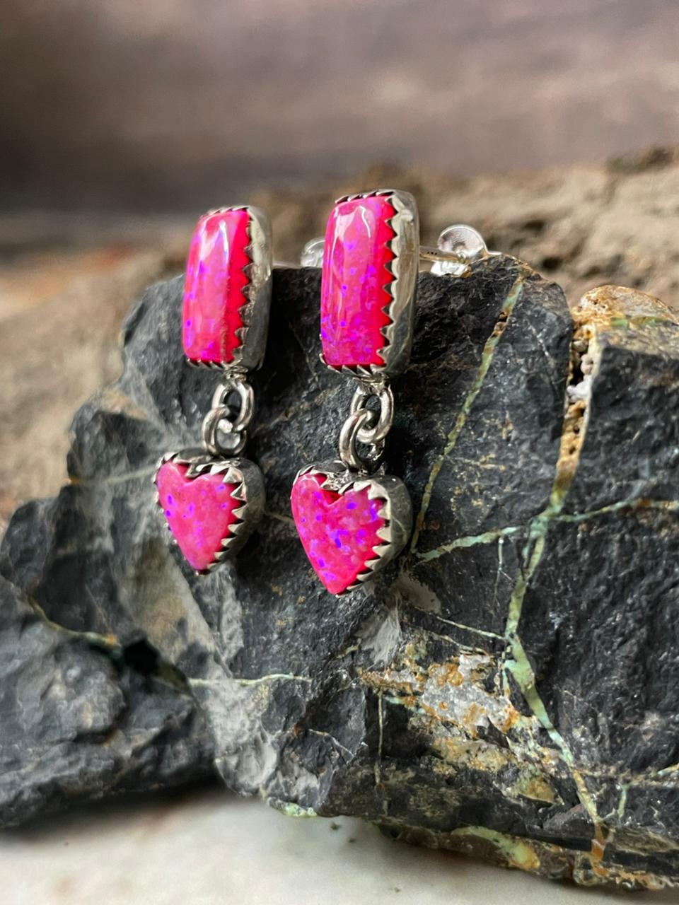 "Heart Collection" Handmade Sterling Silver Hot Pink Post Dangle Earrings "Signed Nizhoni"