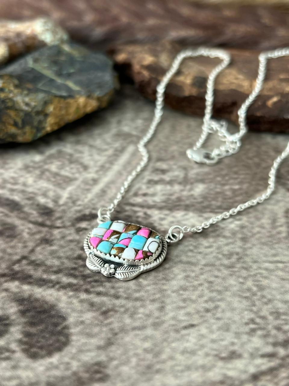 Handmade Sterling Silver Cotton Candy Cobble Stone Necklace "Signed Nizhoni"