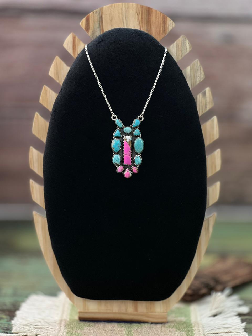 Handmade Sterling Silver Cotton Candy with White Water Necklace "Signed Nizhoni"