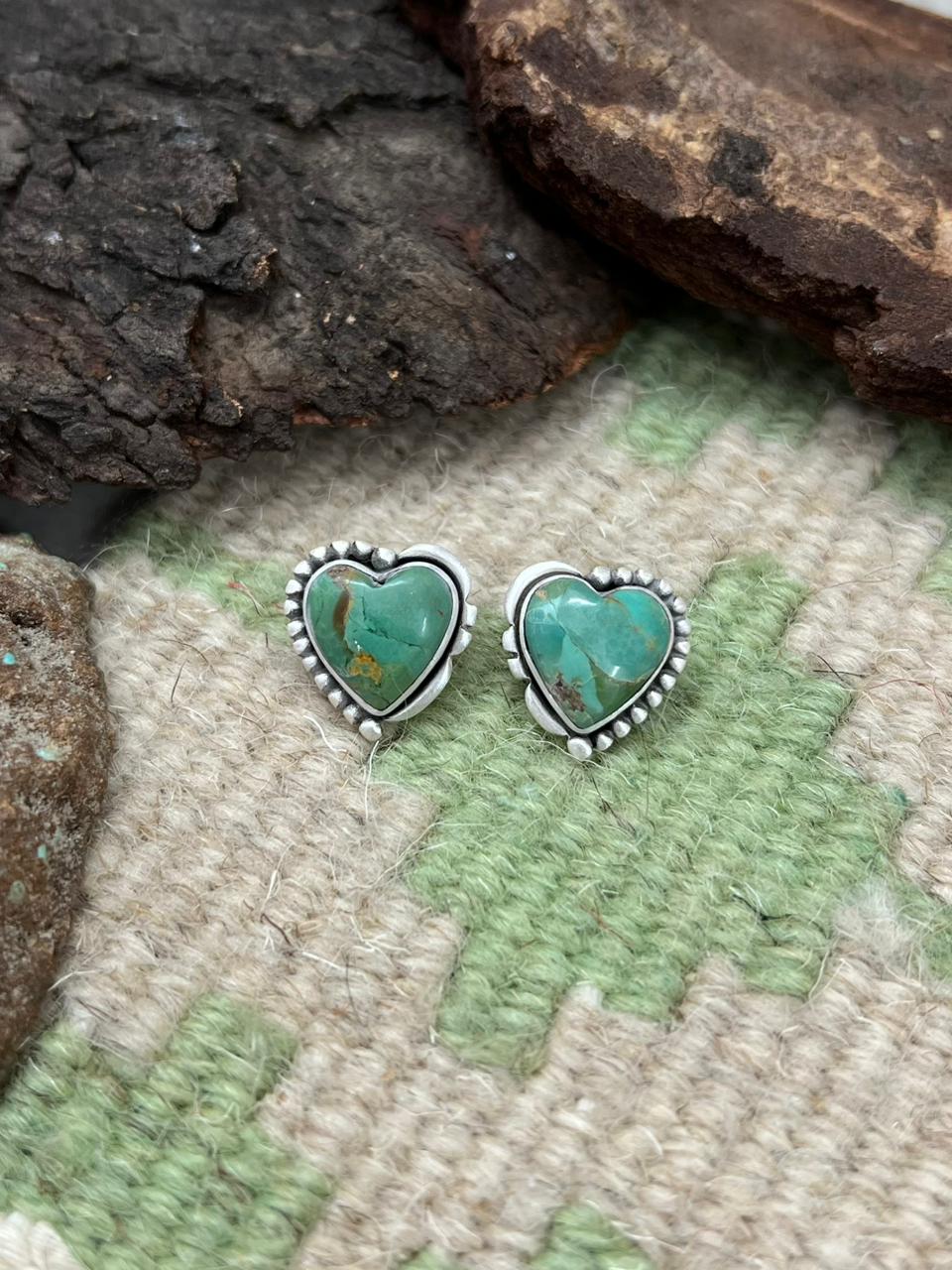 Handmade Sterling Silver Kingman Turquoise Post Earrings "Signed Nizhoni"