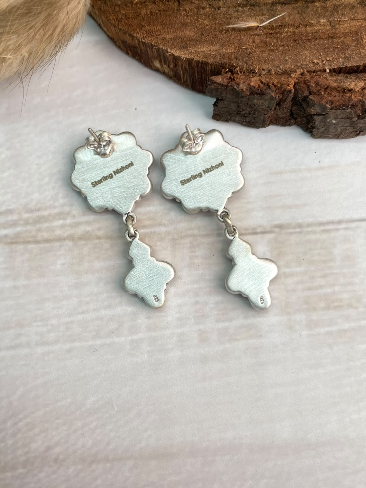 Handmade Sterling Silver Orange Mojave with Kingman Turquoise Post Dangle Earrings Signed Nizhoni