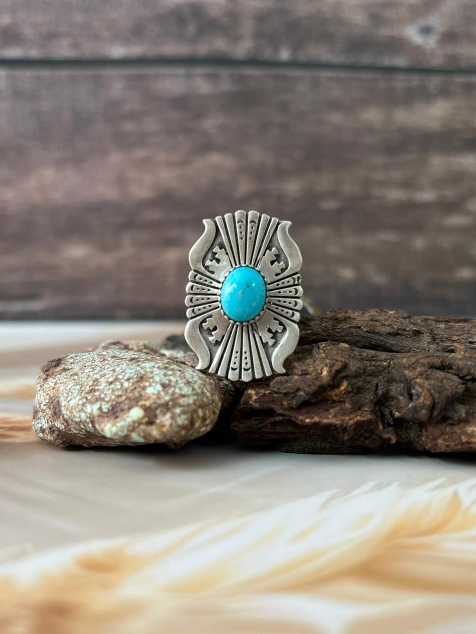 Handmade Sterling Silver Kingman Turquoise Adjustable Ring "Signed Nizhoni"