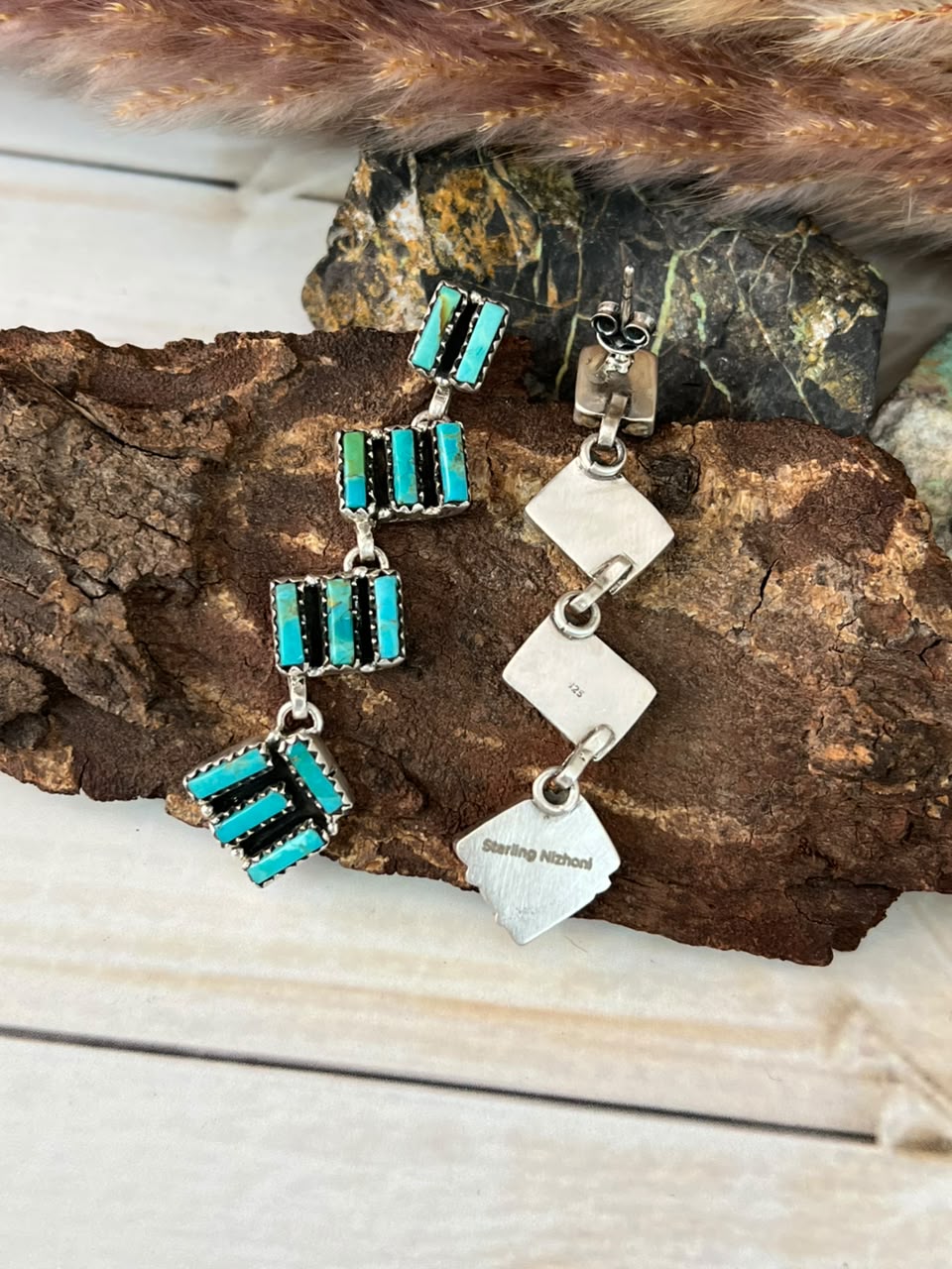 Handmade Sterling Silver Kingman Turquoise Post Dangle Earrings Signed Nizhoni