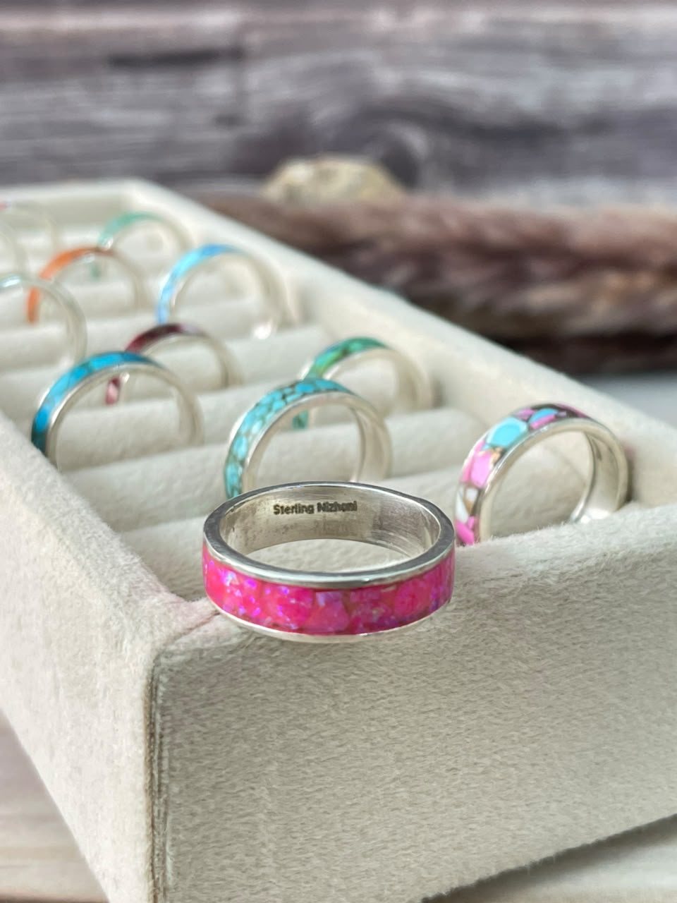 Handmade Sterling Silver Desert Mosaic Stacker Inlay Kingman, Cotton Candy, Dahlia Rose, White Buffalo, Orange Mojave, Pink Dahlia, Hot Pink, Palomino, Golden Hills, Sonoran Mountain, Number 8 and Blue Kingman Turquoise Signed Nizhoni