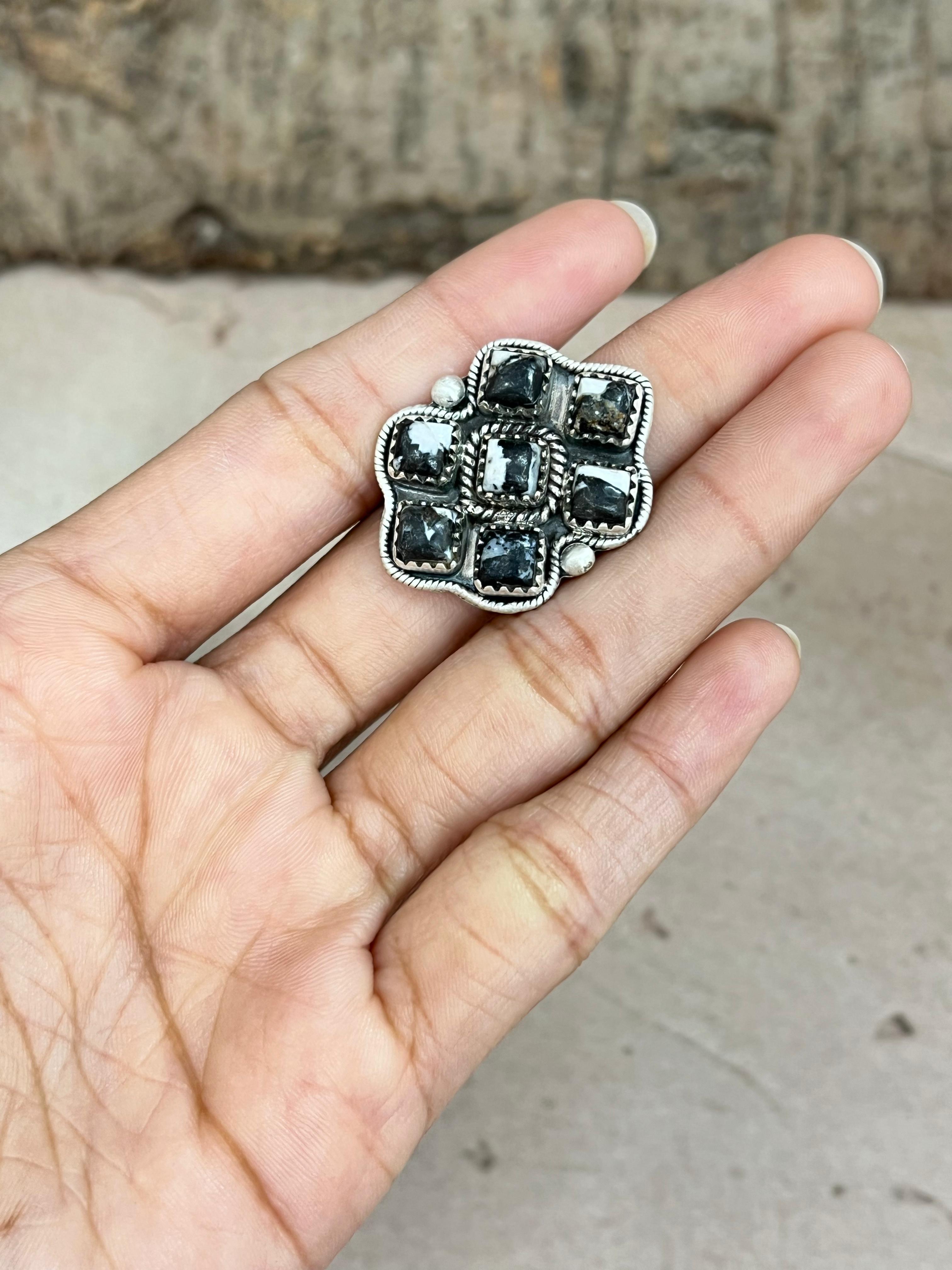 Handmade Sterling Silver White Buffalo Adjustable Ring Signed Nizhoni