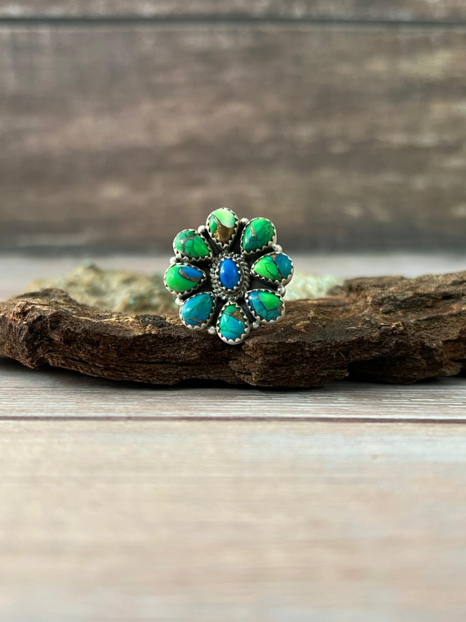 Handmade Sterling Silver Peacock Dahlia Adjustable Ring With Signed Nizhoni