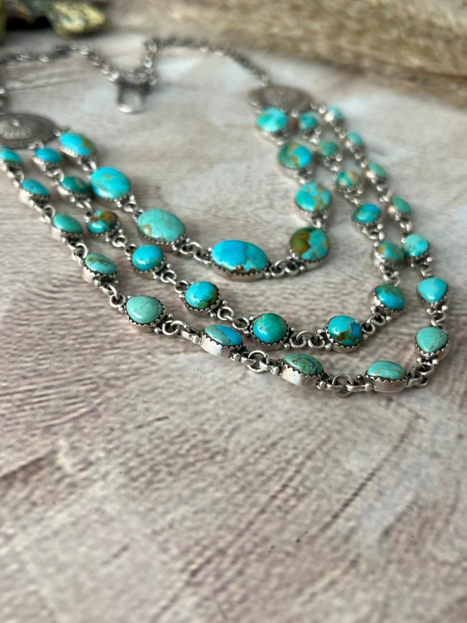 Handmade Sterling Silver Kingman Turquoise Layered Necklace "Signed Nizhoni"