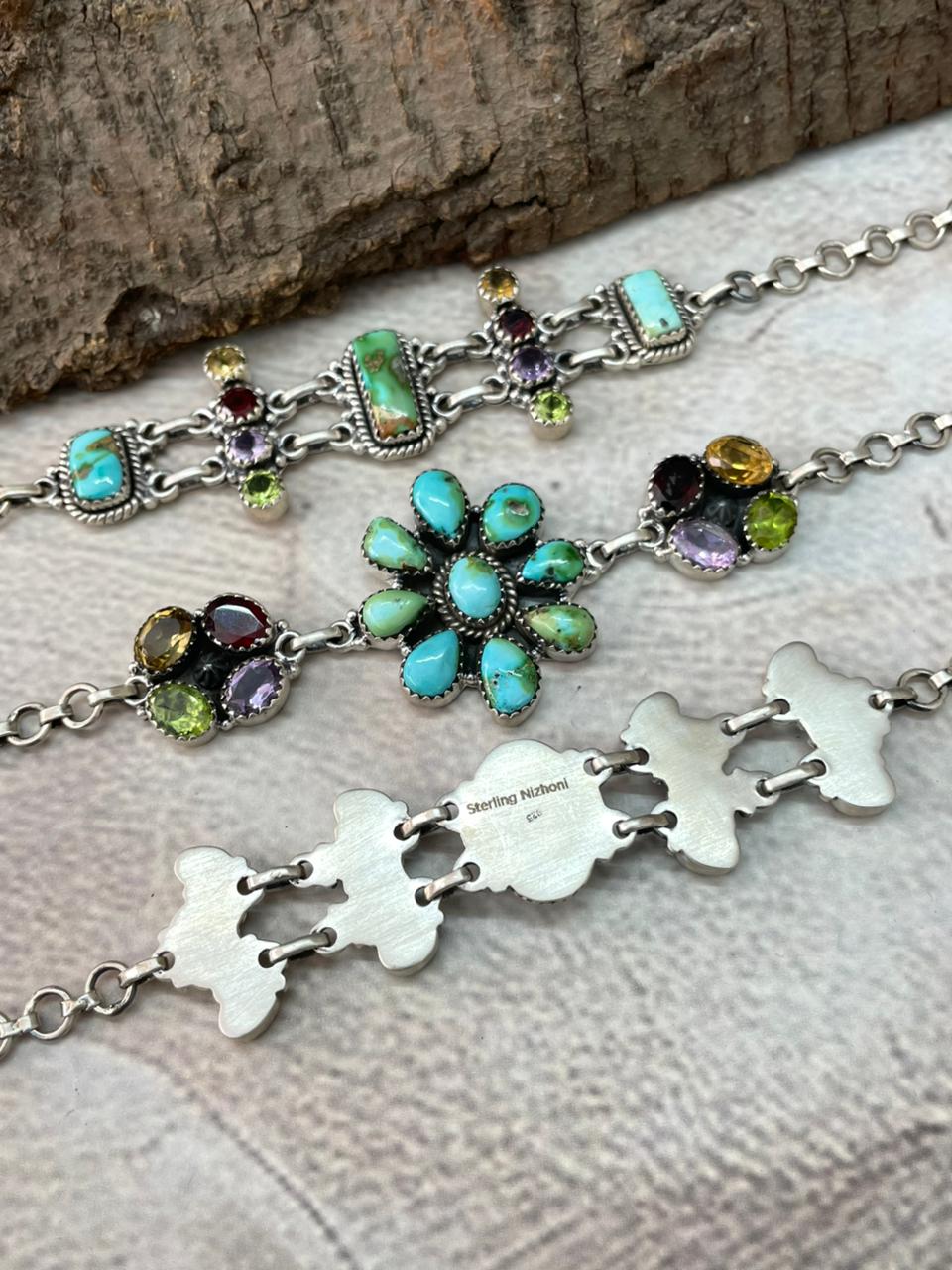 Handmade Sterling Silver Sonoran with Cut Stone Bracelet "Signed Nizhoni"