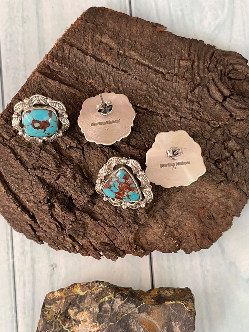 Handmade Sterling Silver Egyptian Turquoise Collection: Post Studs Earrings Signed Nizhoni