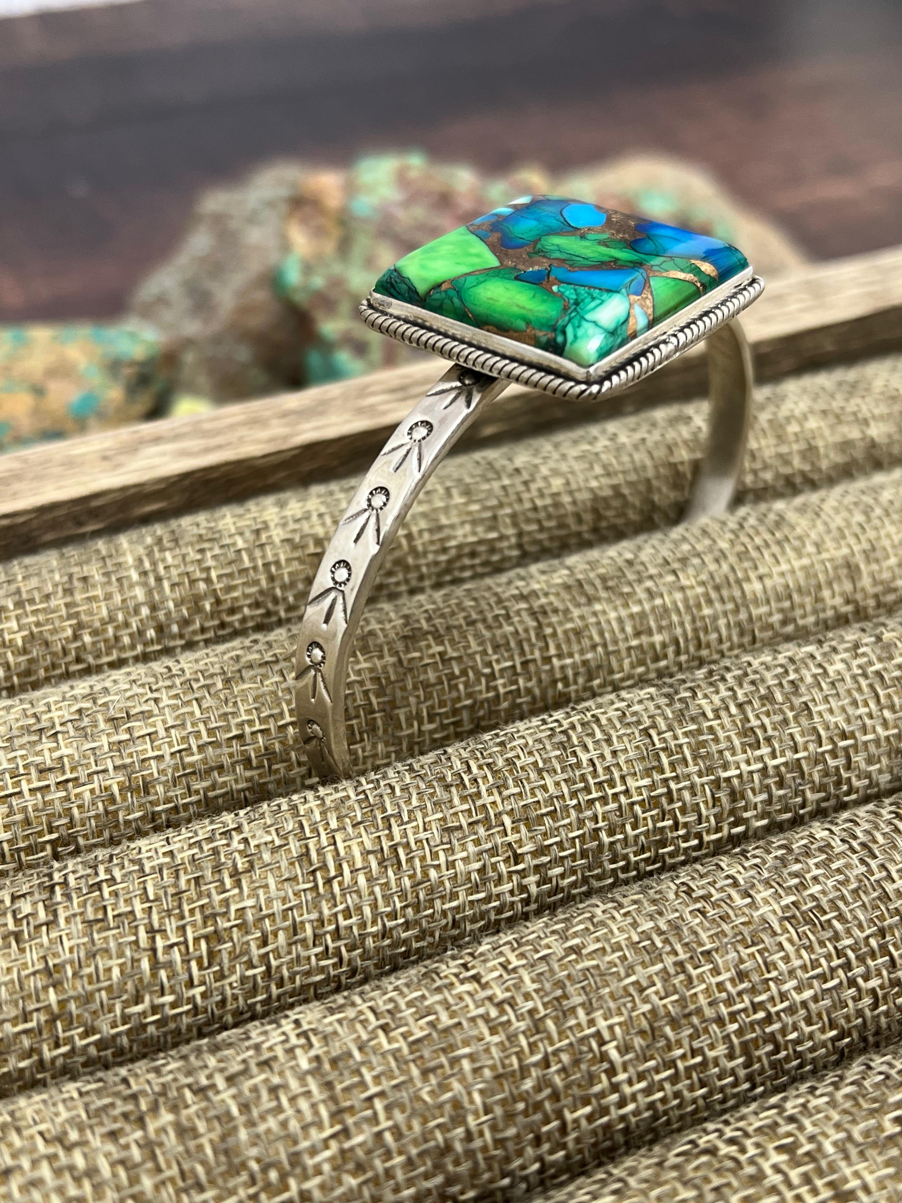 Handmade Sterling Silver Peacock Dahlia Cuff Bracelet with Signed Nizhoni