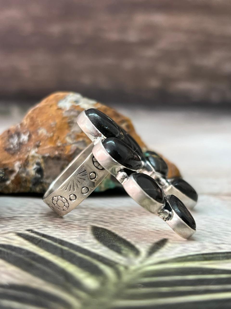 Handmade Sterling Silver Blackjack Turquoise Adjustable Ring " Signed Nizhoni"