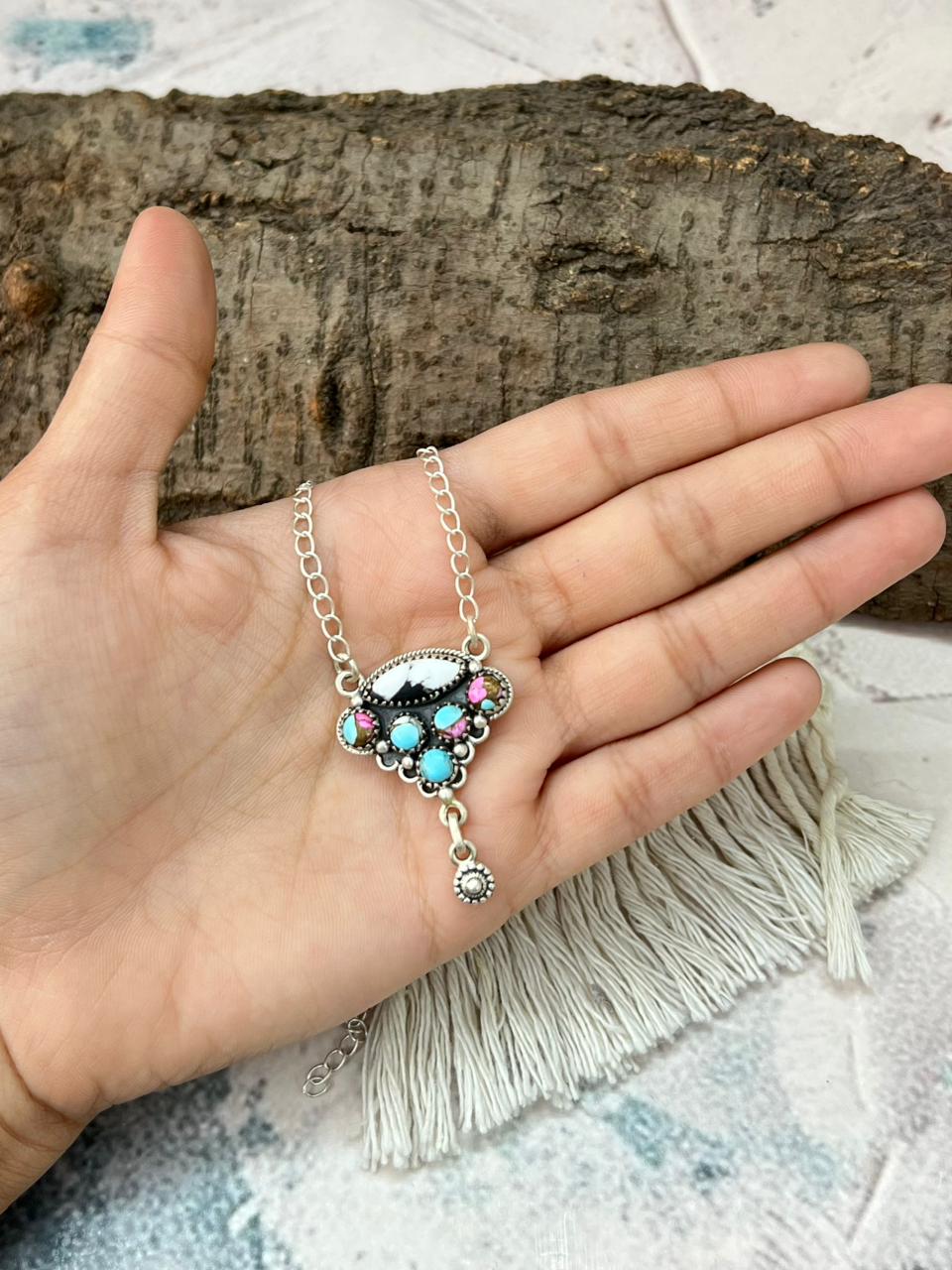 Handmade Sterling Silver Cotton Candy with White Buffalo Necklace "Signed Nizhoni"