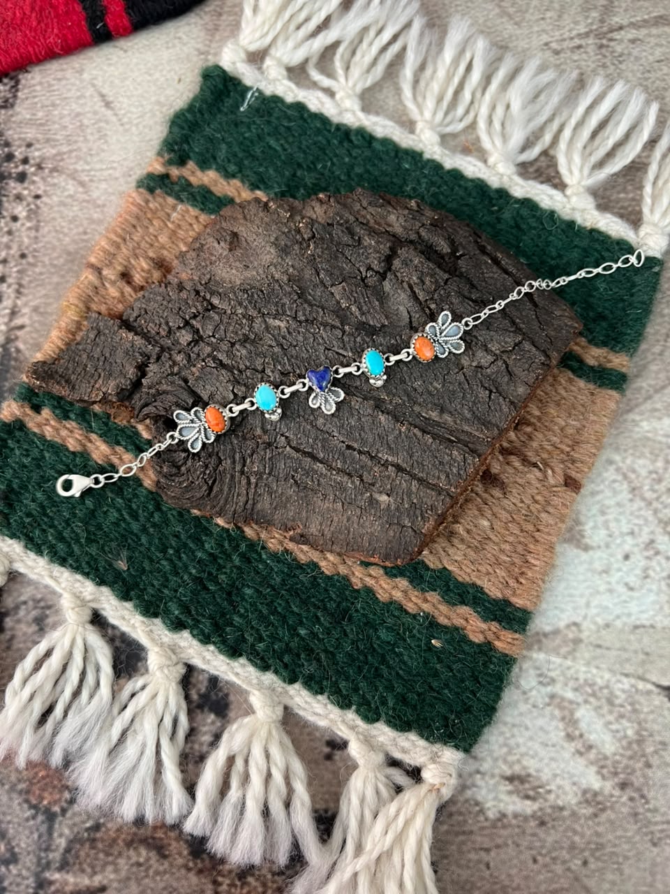 Handmade Sterling Silver Kingman Turquoise with Orange Mojave and Lapis Chain Bracelet Signed Nizhoni