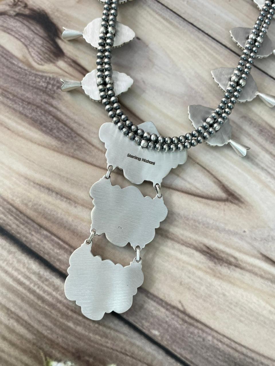 Handmade Sterling Silver Sonoran Turquoise Squash Blossom Beaded Necklace Signed Nizhoni