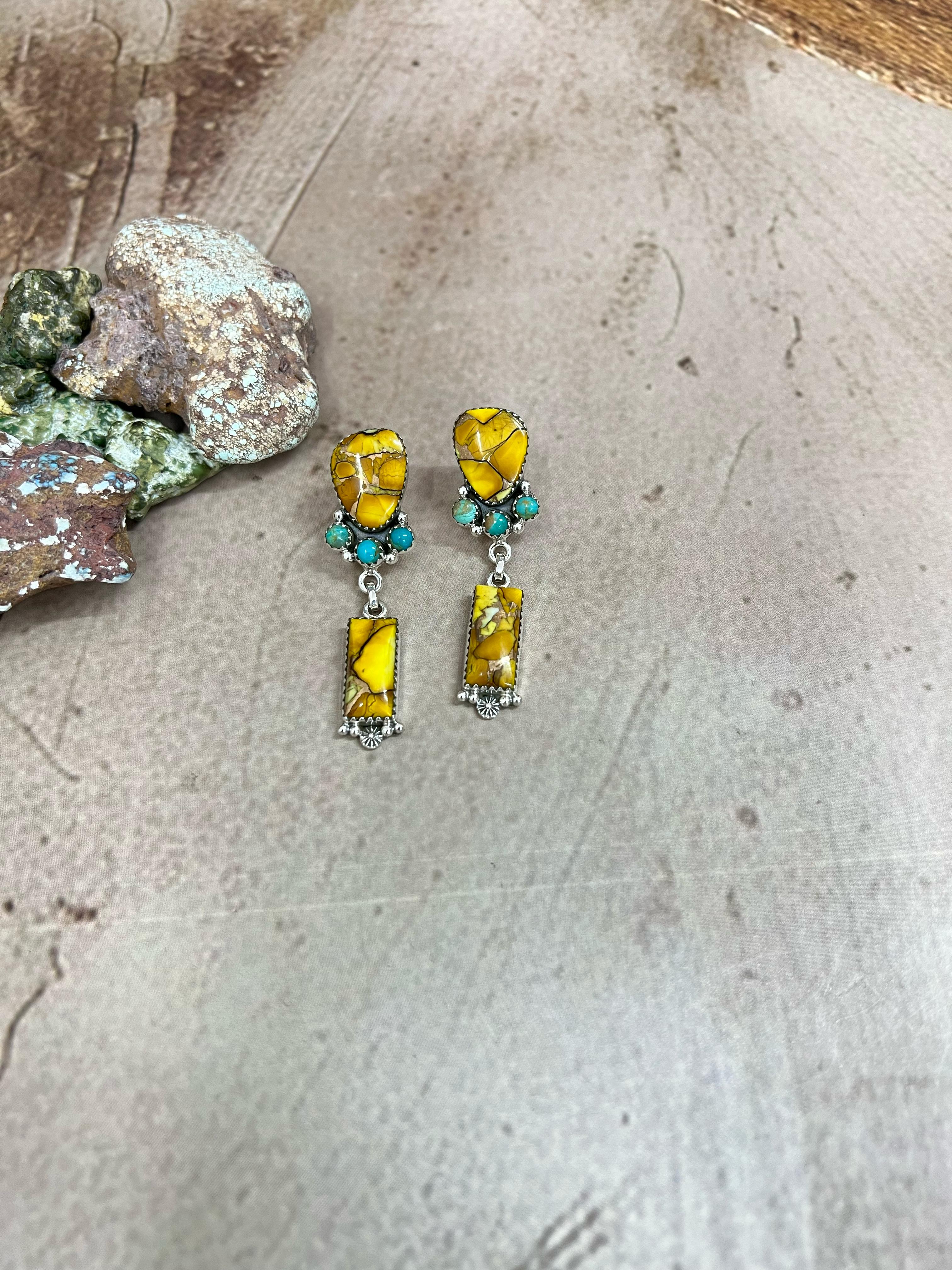 Handmade Sterling Silver Honey Dahlia with Kingman Turquoise Post Earrings, Signed Nizhoni