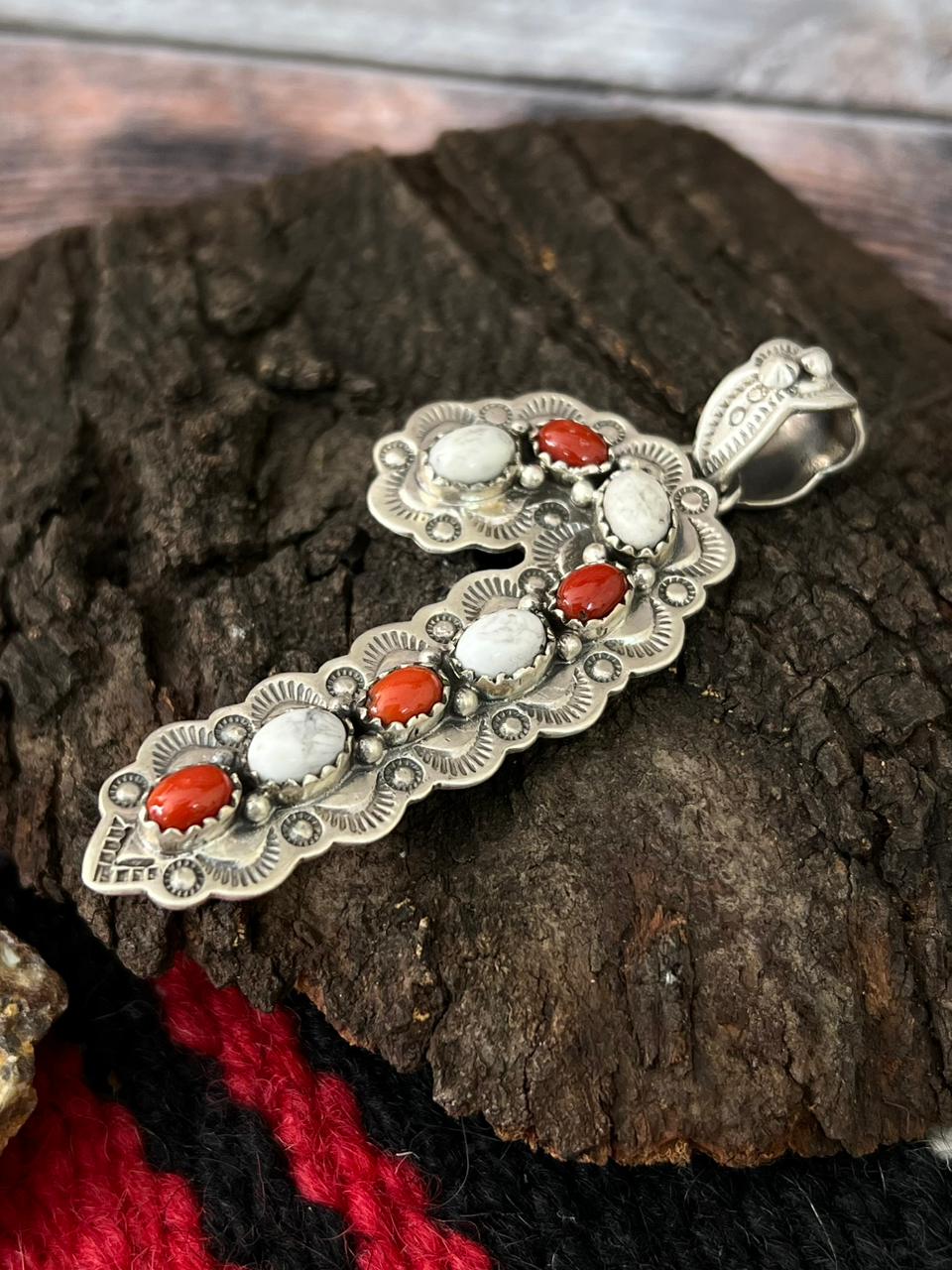 "Christmas Collection" Handmade Sterling Silver White Buffalo with Coral Pendant "Signed Nizhoni"