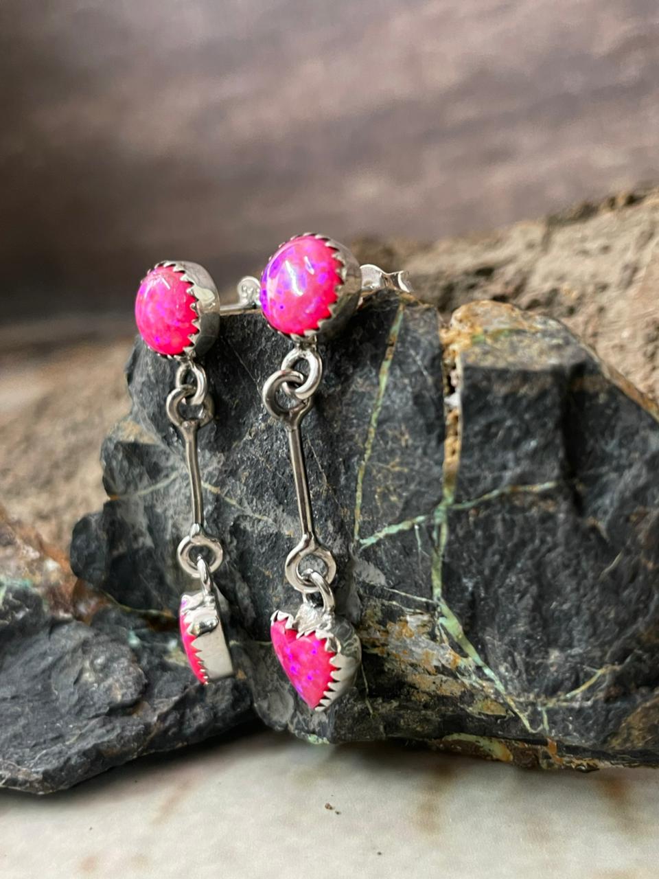 "Heart Collection" Handmade Sterling Silver Hot Pink Post Dangle Earrings "Signed Nizhoni"