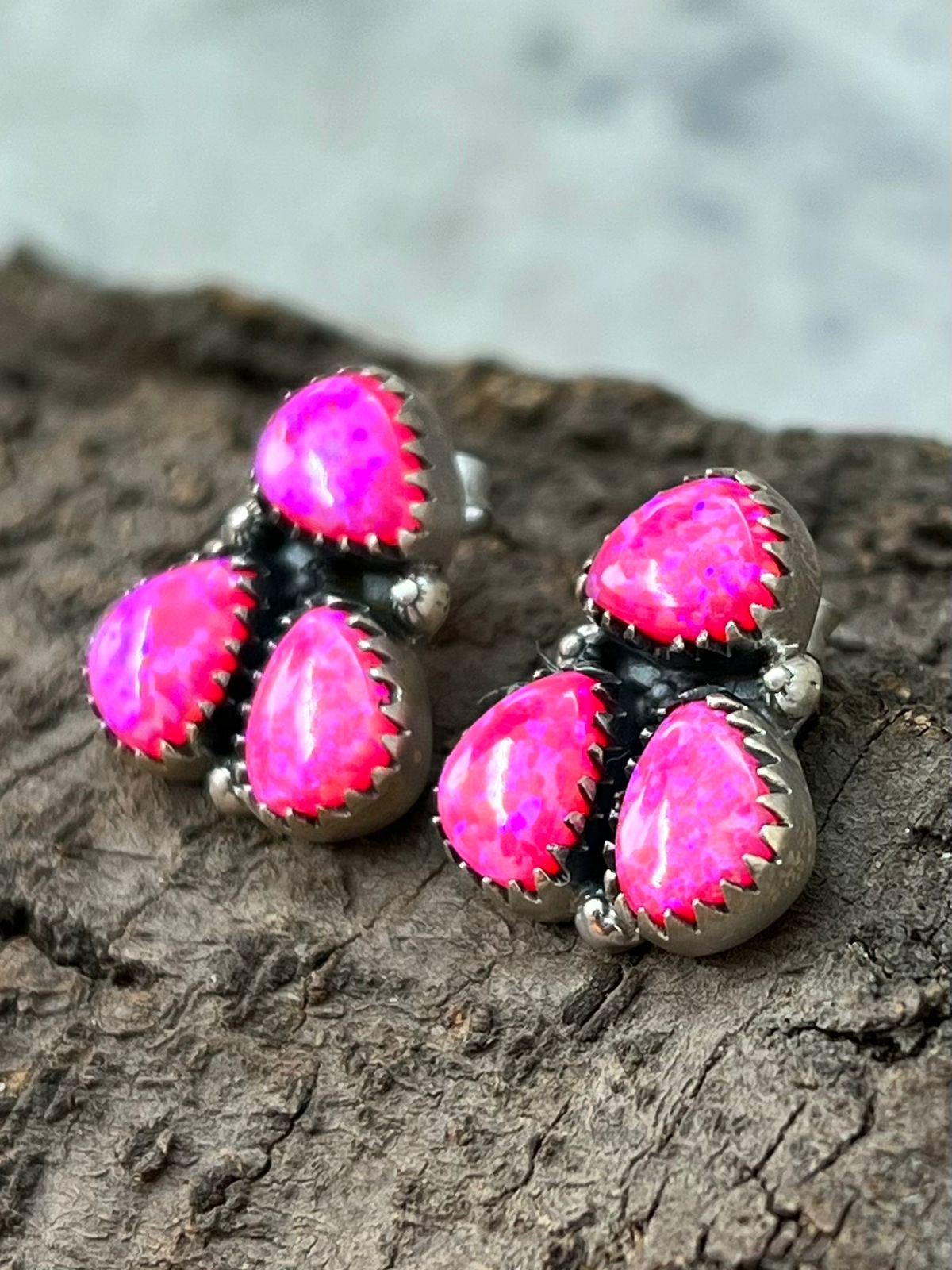 Handmade Sterling Silver Hot Pink Post Studs Earrings "Signed Nizhoni"