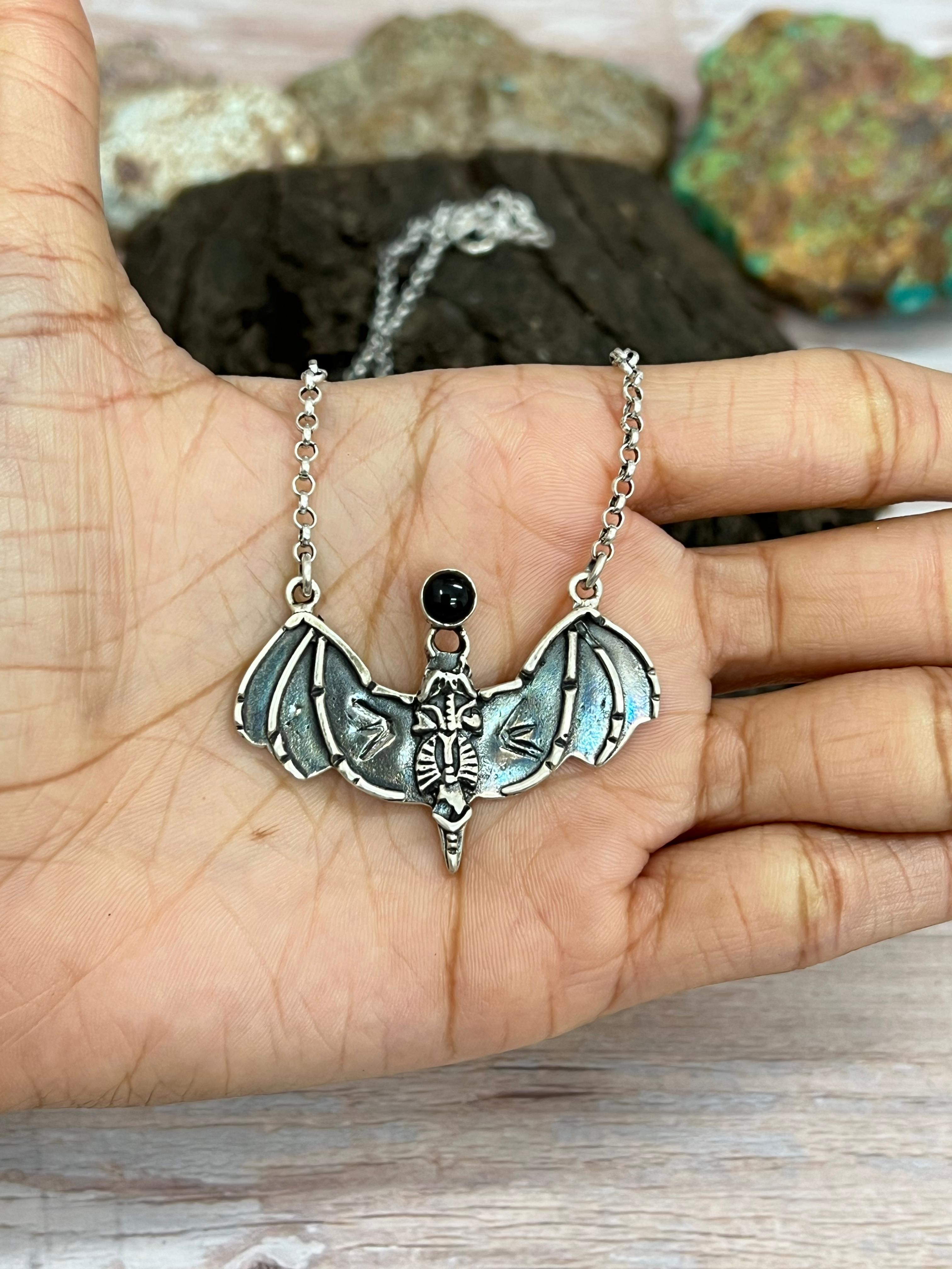 "Halloween Collection" Handmade Sterling Silver Black Onyx Bat Necklace with Signed Nizhoni
