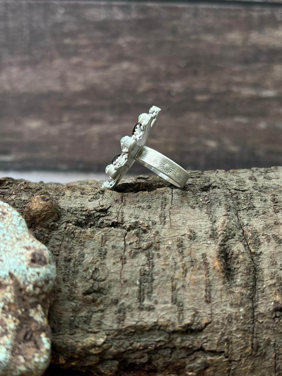 Handmade Sterling Silver Kingman with Black Onyx, Wildhorse Adjustable Ring "Signed Nizhoni"