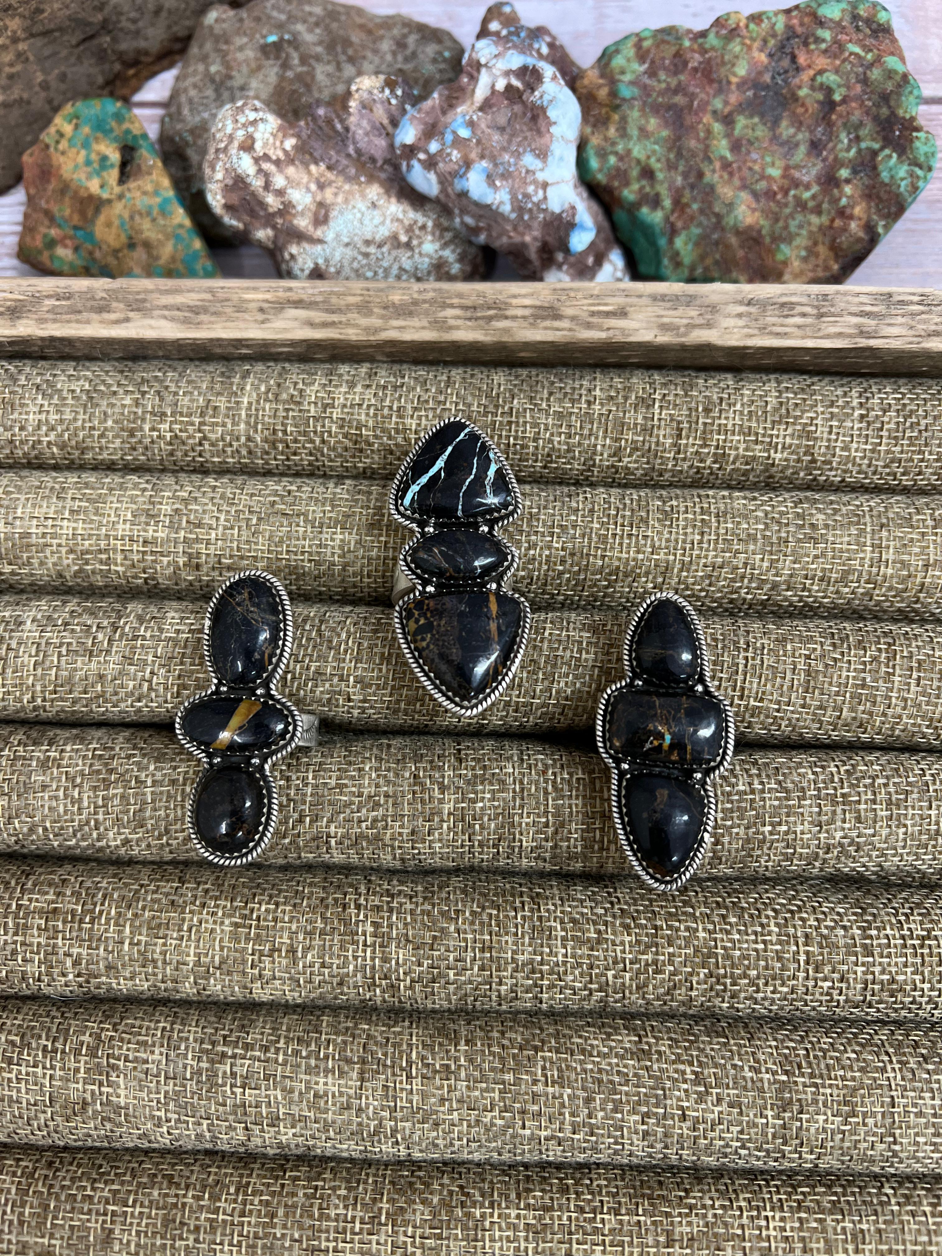 Handmade Sterling Silver Black Jack Adjustable Ring with Signed Nizhoni