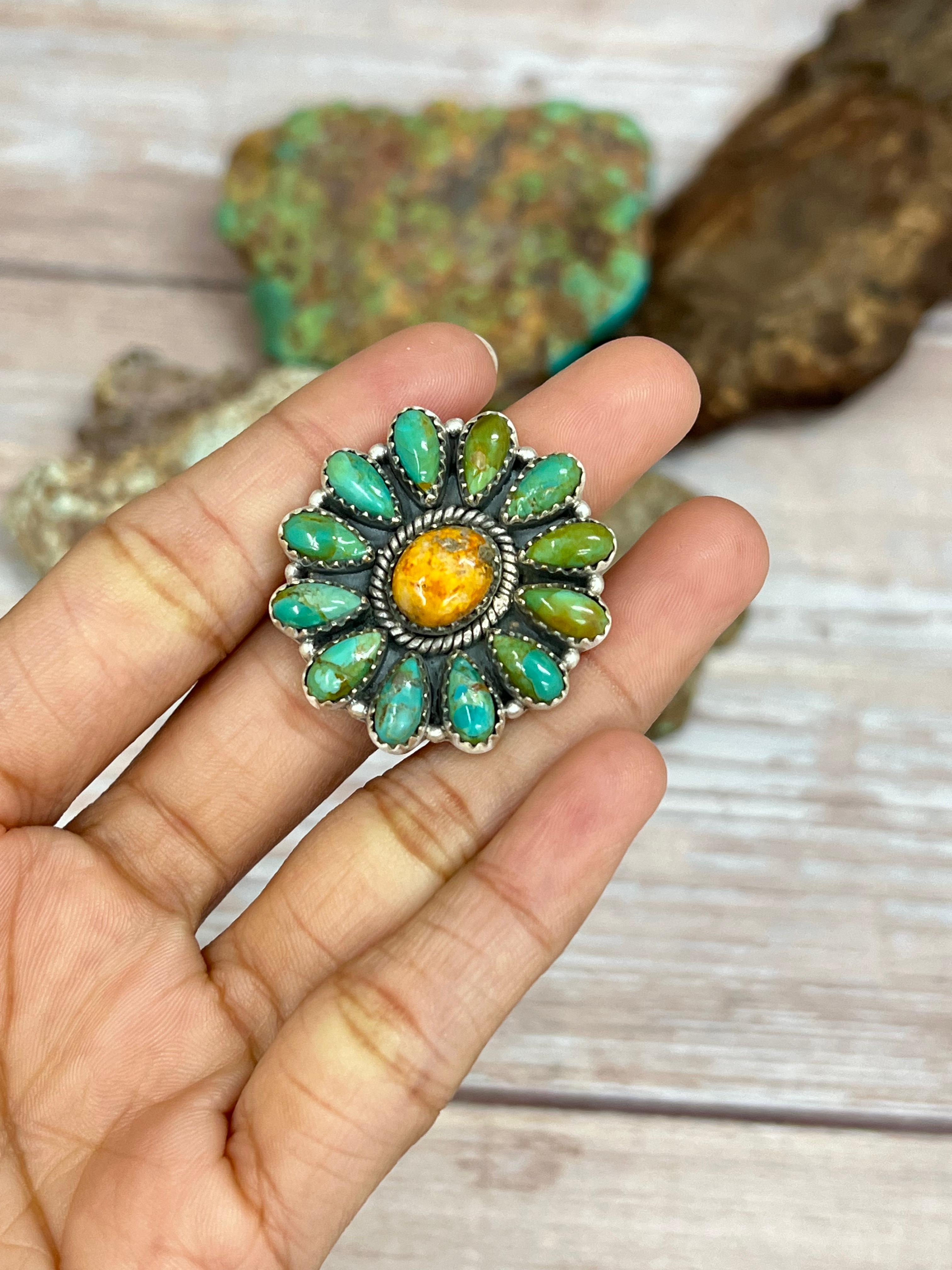 Handmade Sterling Silver Kingman Turquoise, Bumblebee Adjustable Ring with Signed Nizhoni