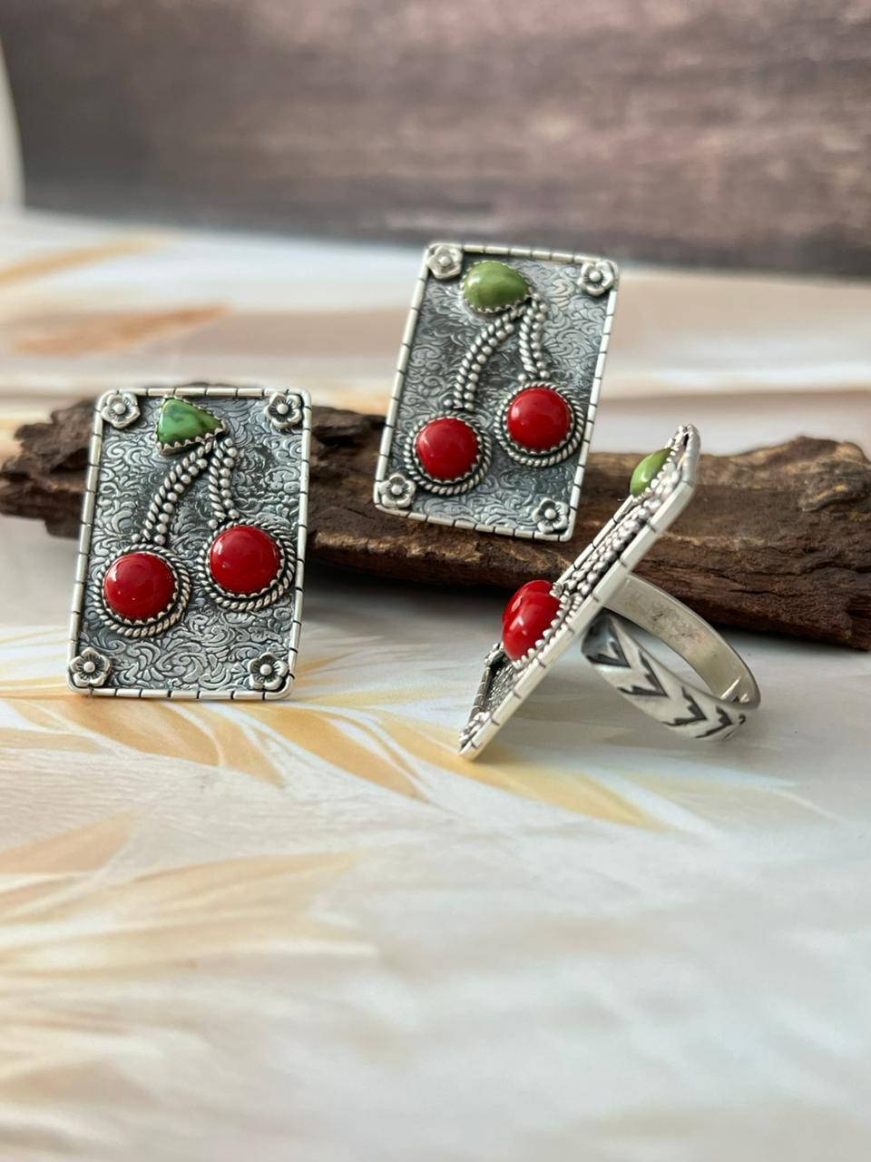 Handmade Sterling Silver Multi Stone Cherry Adjustable Ring "Signed Nizhoni"