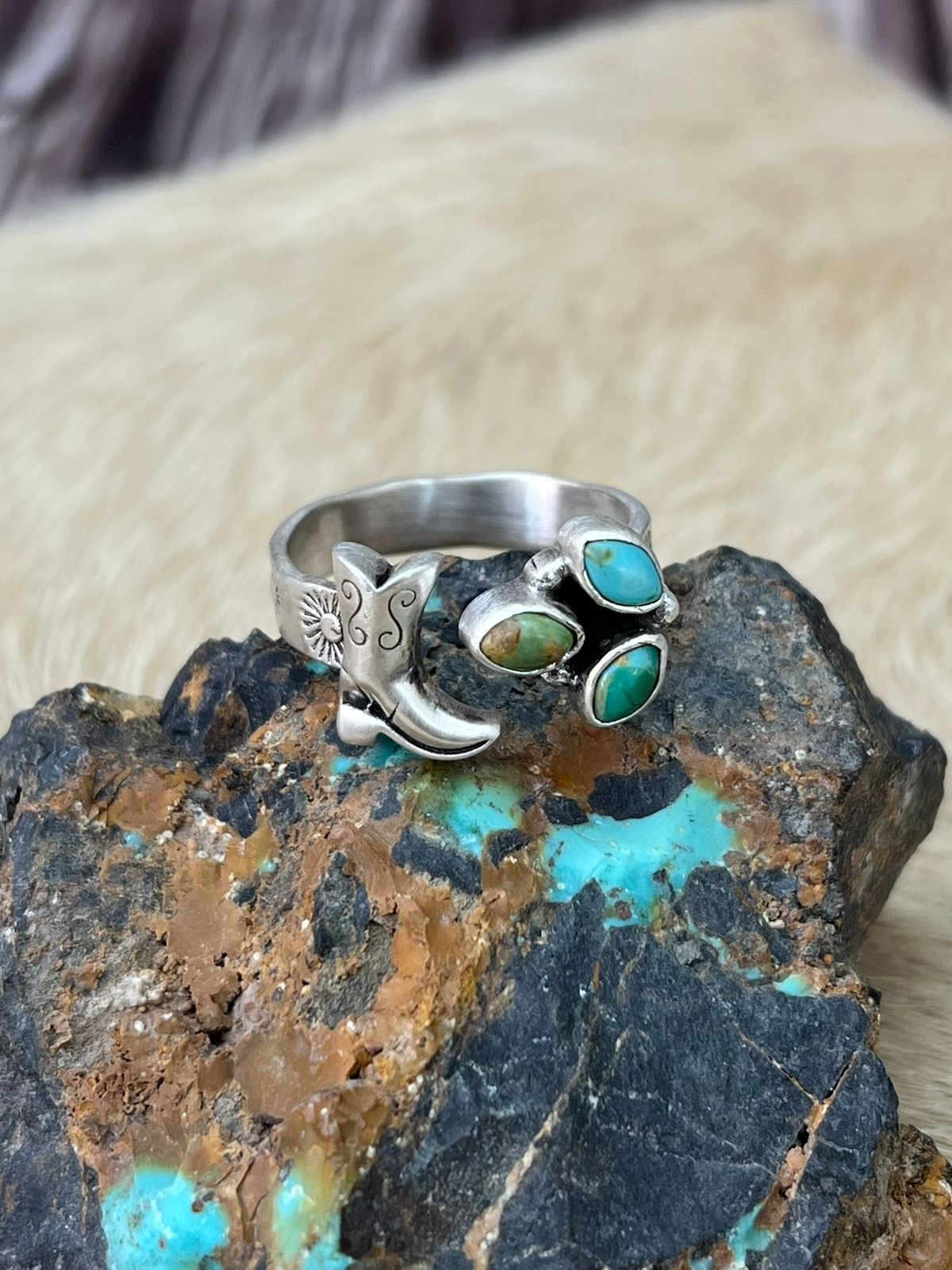 Handmade Sterling Silver Kingman Turquoise Adjustable Ring "Signed Nizhoni"