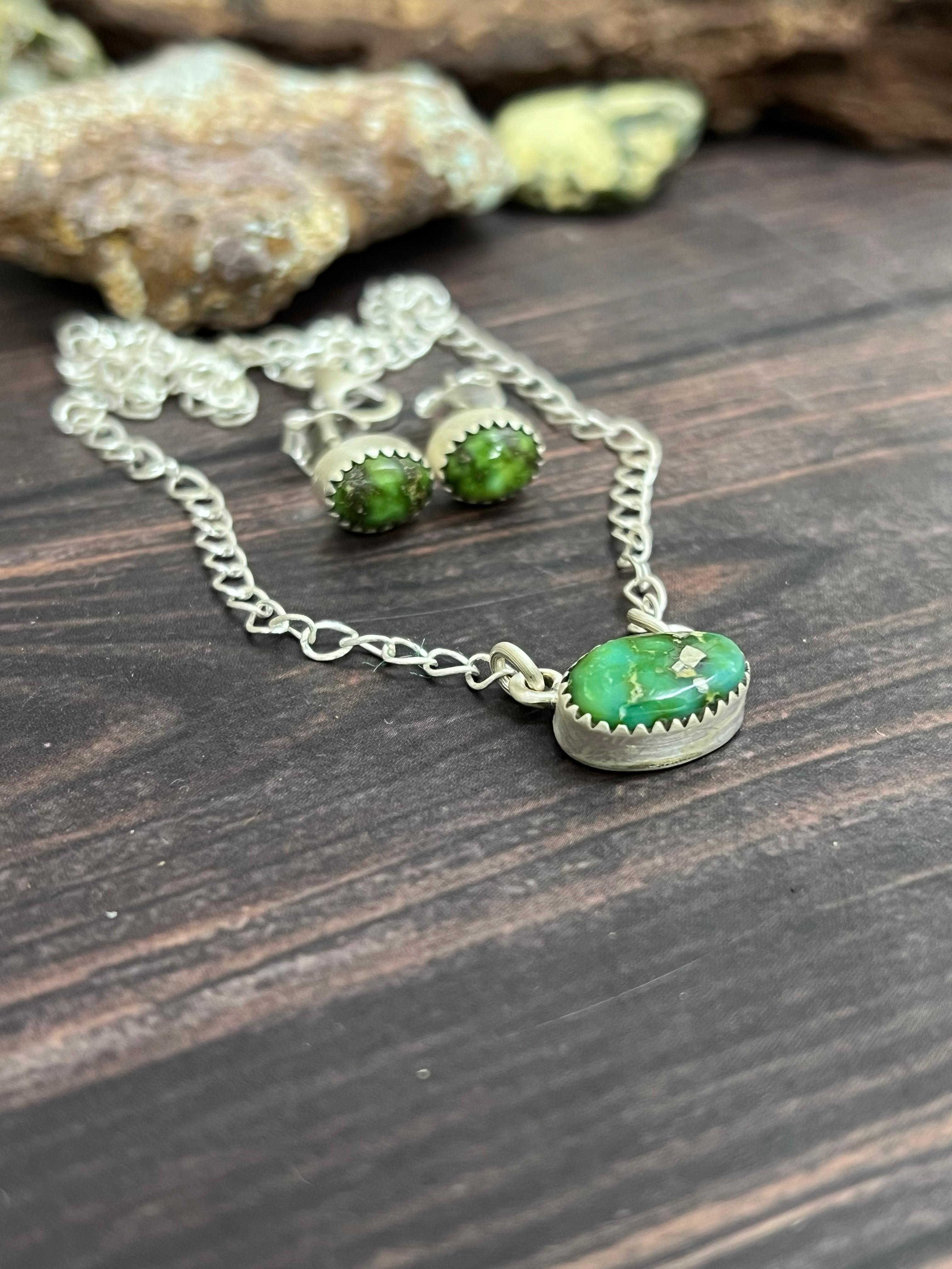 Handmade Sterling Silver Sonoran Mountain Turquoise Necklace Earrings Set with Signed Nizhoni