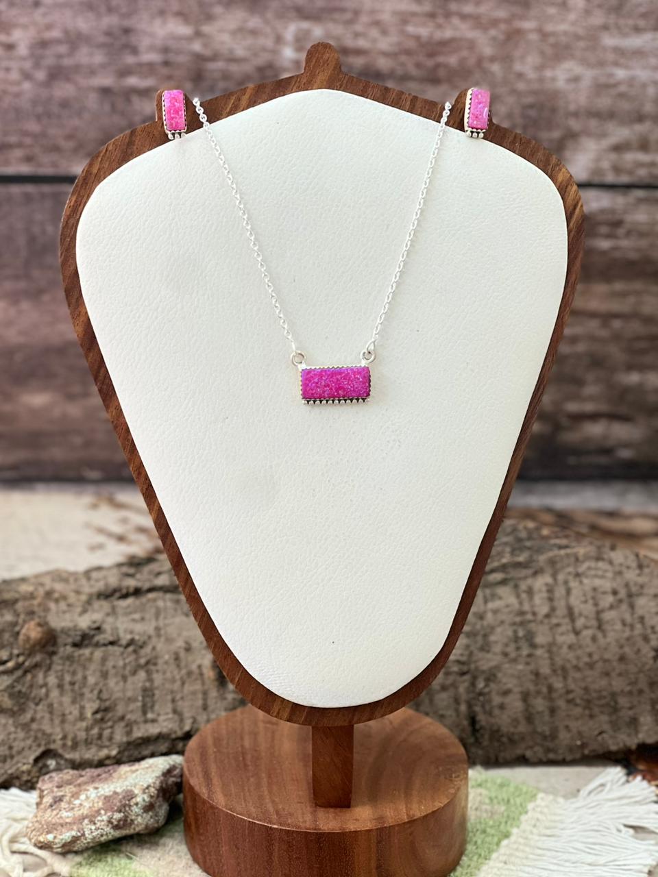 Handmade Sterling Silver Hot Pink Bar Necklace Earrings Set "Signed Nizhoni"
