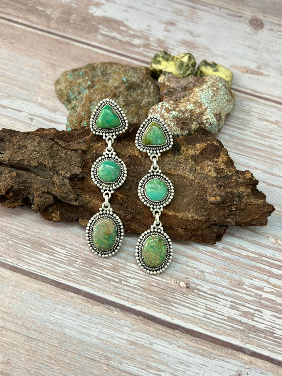 Handmade Sterling Silver Mantis Turquoise Post Dangle Earrings with Signed Nizhoni