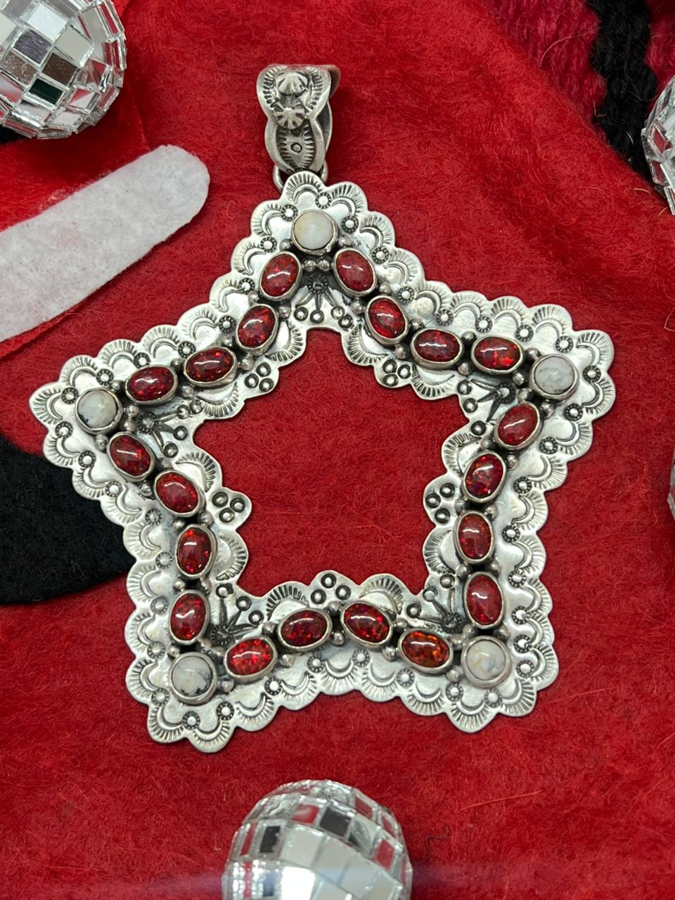 "Christmas Collection" Handmade Sterling Silver Red Opal with White Buffalo Pendant " Signed Nizhoni"